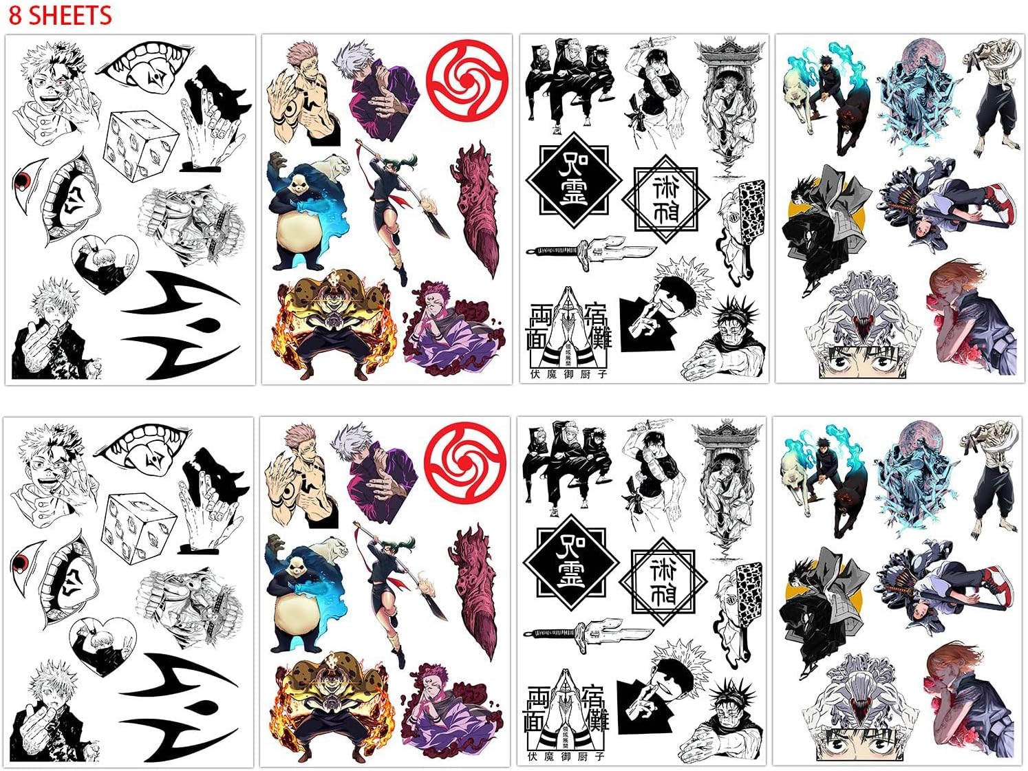Anime JJK Halloween Face Temporary Tattoos（8 Sheets) Gifts Anime Cosplay Decor Tattoos Merch Cartoon Stickers Decal Party Favors Supplies for Teens Adult Man Women