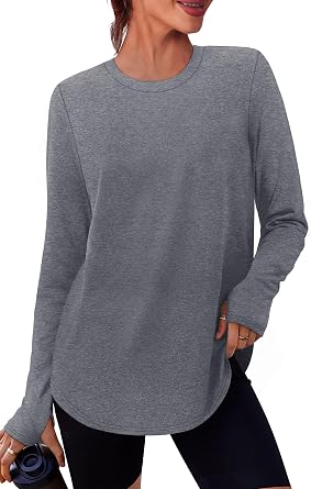 NIASHOT Workout Tops for Women Crewneck Long Sleeve Shirts with Thumb Holes UPF 50+ Sun Shirts for Hiking Running Gym Clothes