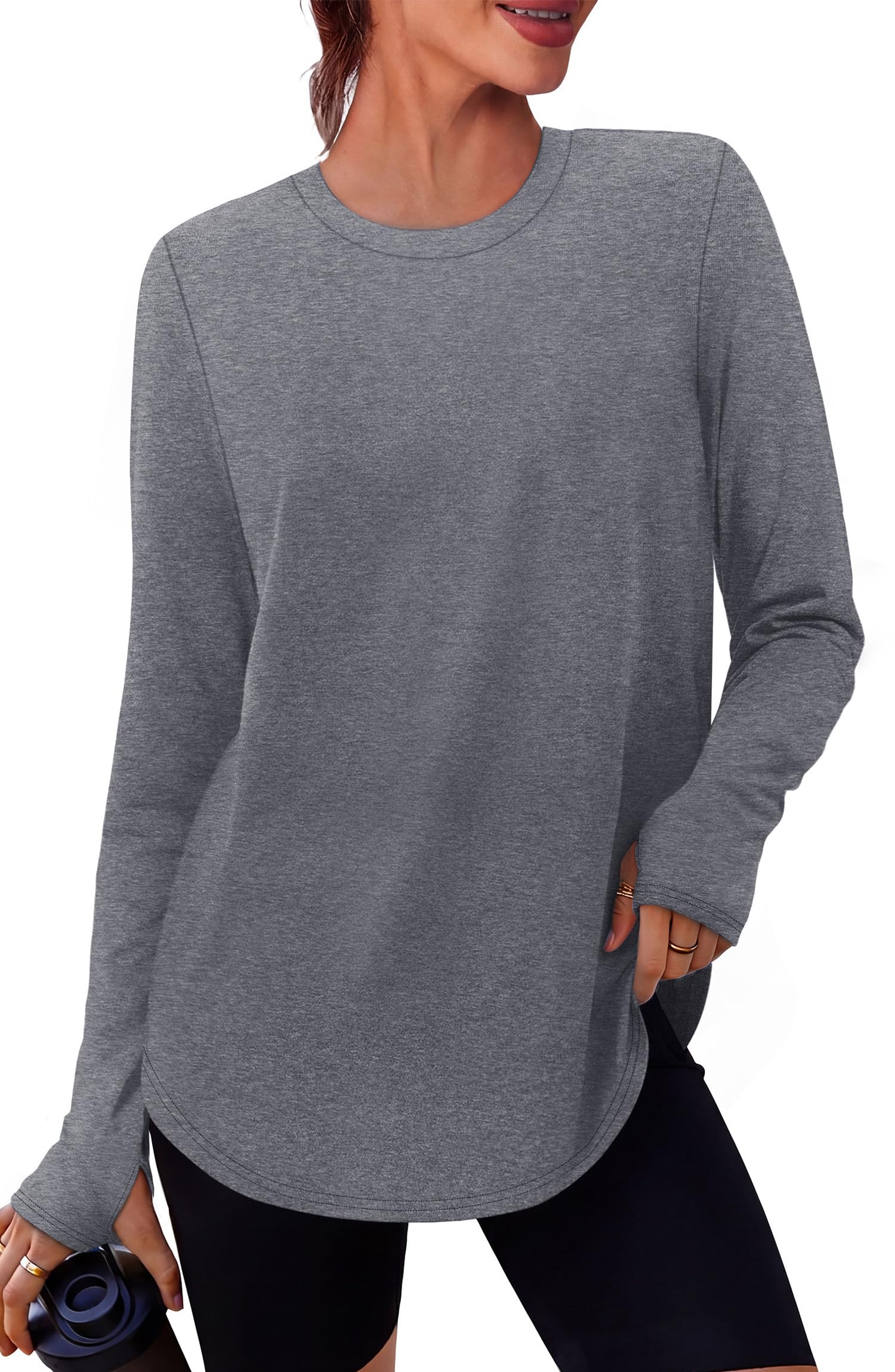 NIASHOT Workout Tops for Women Crewneck Long Sleeve Shirts with Thumb Holes UPF 50+ Sun Shirts for Hiking Running Gym Clothes — view 11