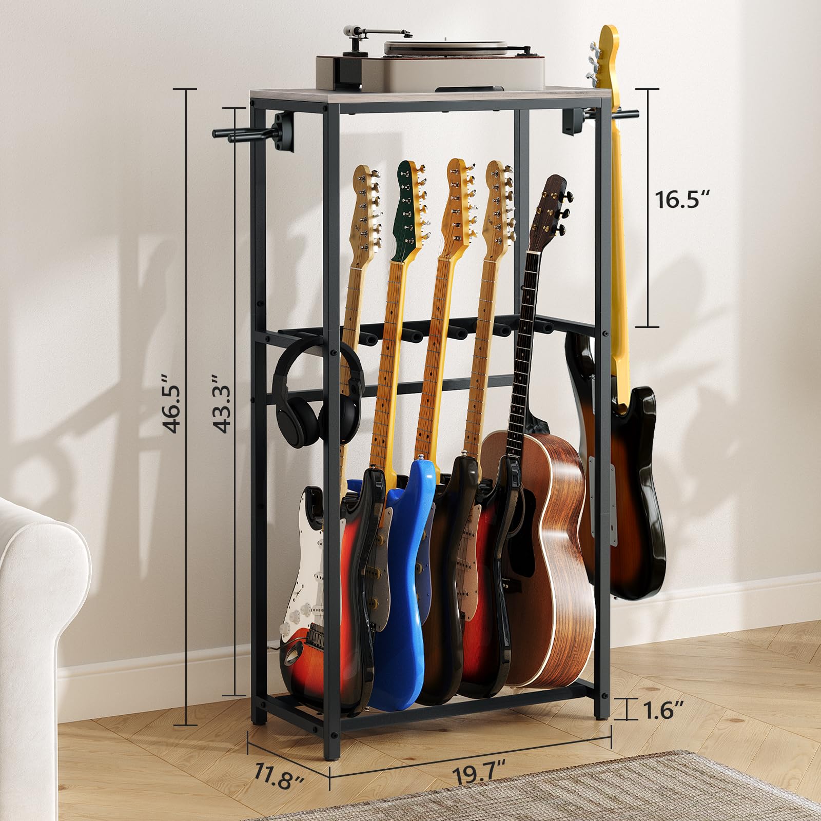 MAHANCRIS Support de Guitare, Stand Guitare à 2 Niveaux pour 5 Guitares, Idéal pour Entreposer Guitare Acoustique, Basse, Ukulélé, Tourne-Disque, Enveloppé de Mousse EVA, Gris AGSHG6501
