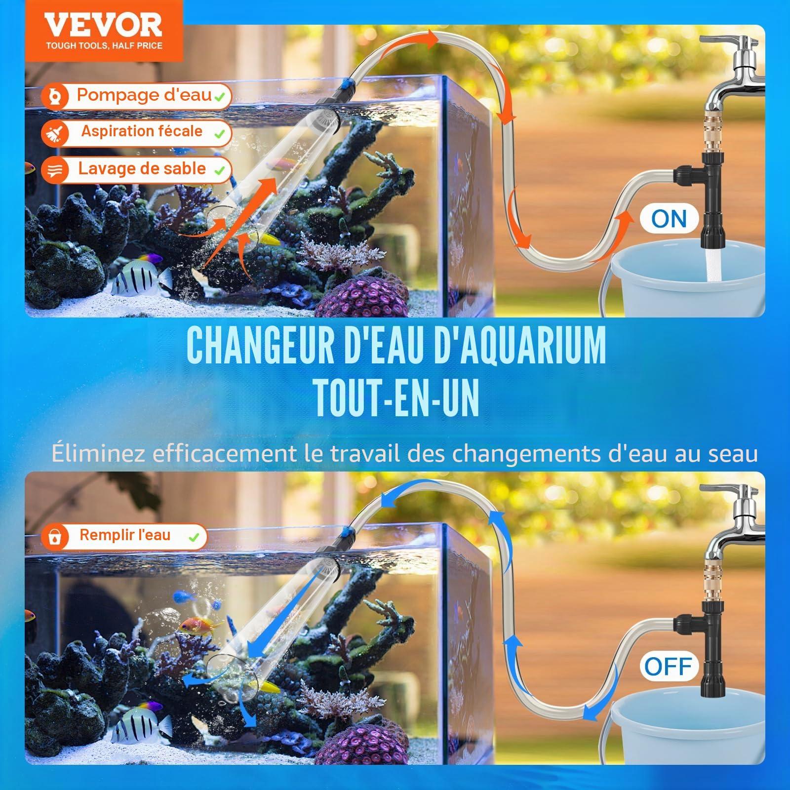 VEVOR Aspirateur à Gravier pour Aquarium, avec Tuyau en PVC de 10,1 m, Nettoyeur de Gravier à Siphon pour Aquarium, 3 Types d'adaptateurs en Laiton, pour Nettoyer Le Gravier et Le Sable d'aquarium