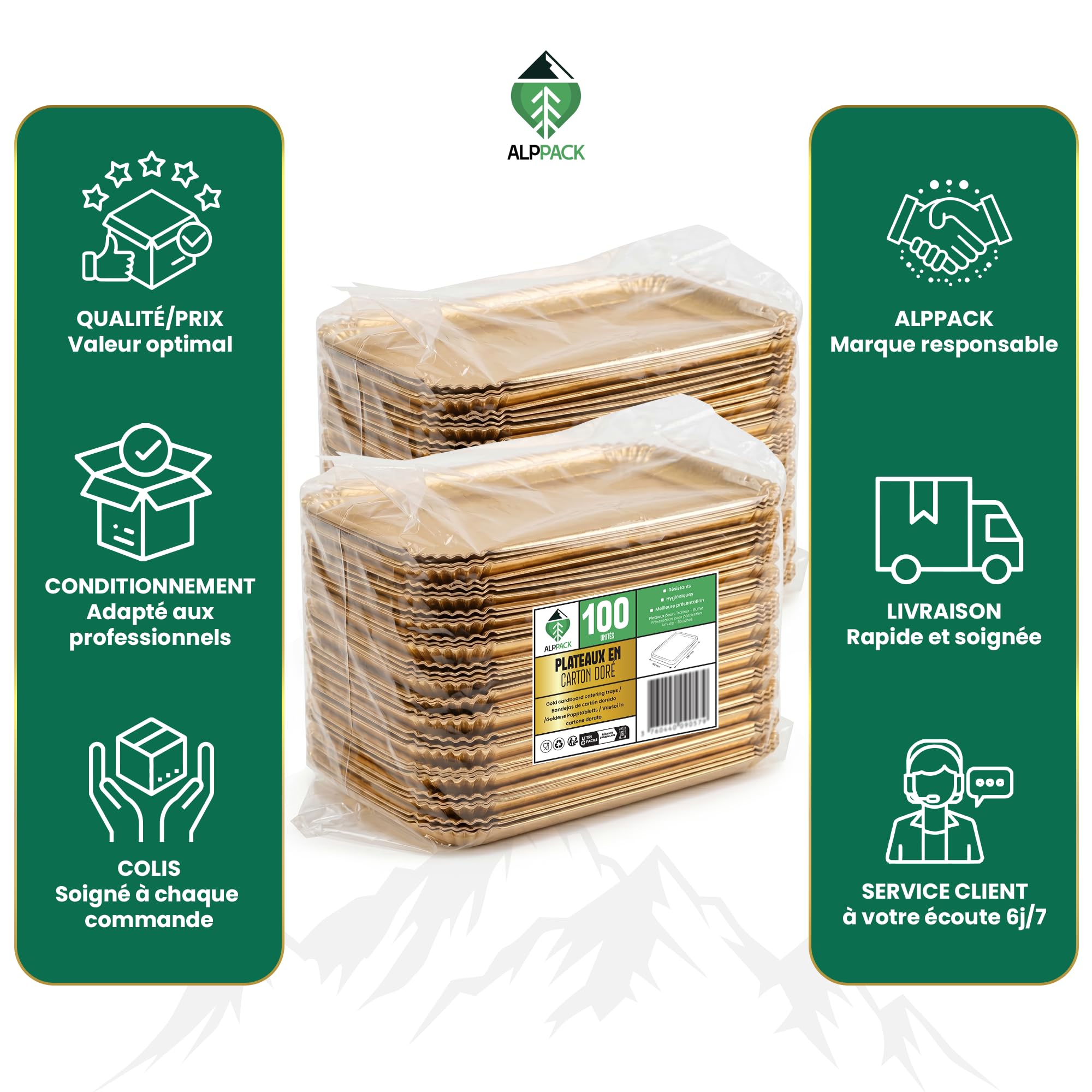 Plateau de Service en Carton Épais Doré 28 × 19 cm – Lot de 100 Plateaux Traiteur Jetables Professionnels – Présentoir Apéritif Buffet – Plateau Jetable pour Buffet, Mariage, Réception et Événement