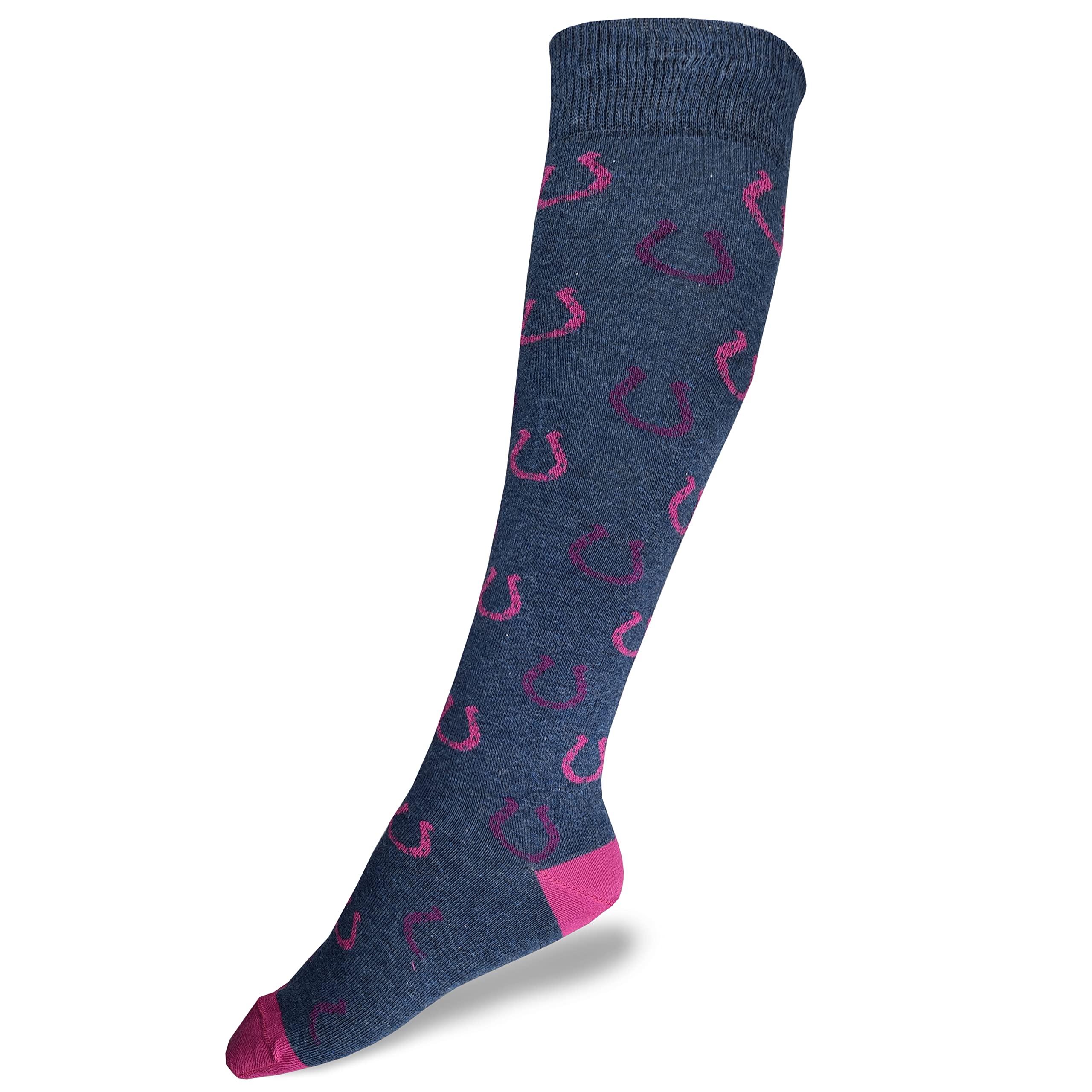Hazy Blue Mix and Match Women's/Ladies Knee High Socks Argyle & Horse Designs - Cotton Long Equestrian Riding Socks, UK 3-8 Size (3-8, Navy Marl Horse Shoe)