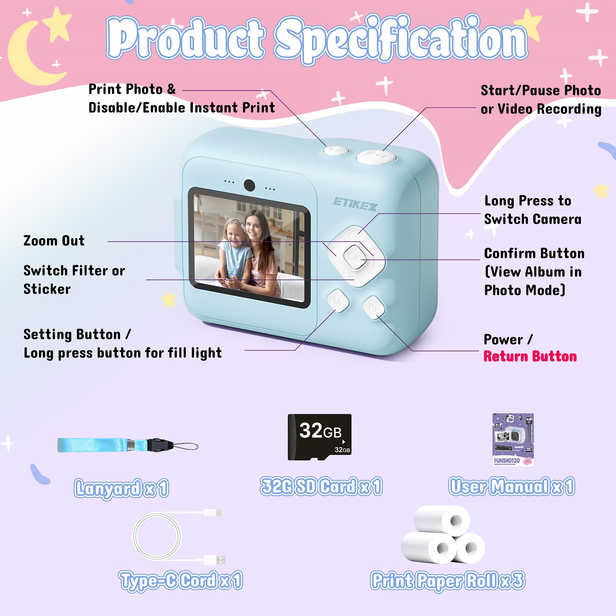 Appareil Photo pour Enfants - Appareil Photo instantané,Blau | Appareil photo instantané 1080P pour enfants de 4 5 6 7 8 9 10 ans pour filles et garçons, jouet portable