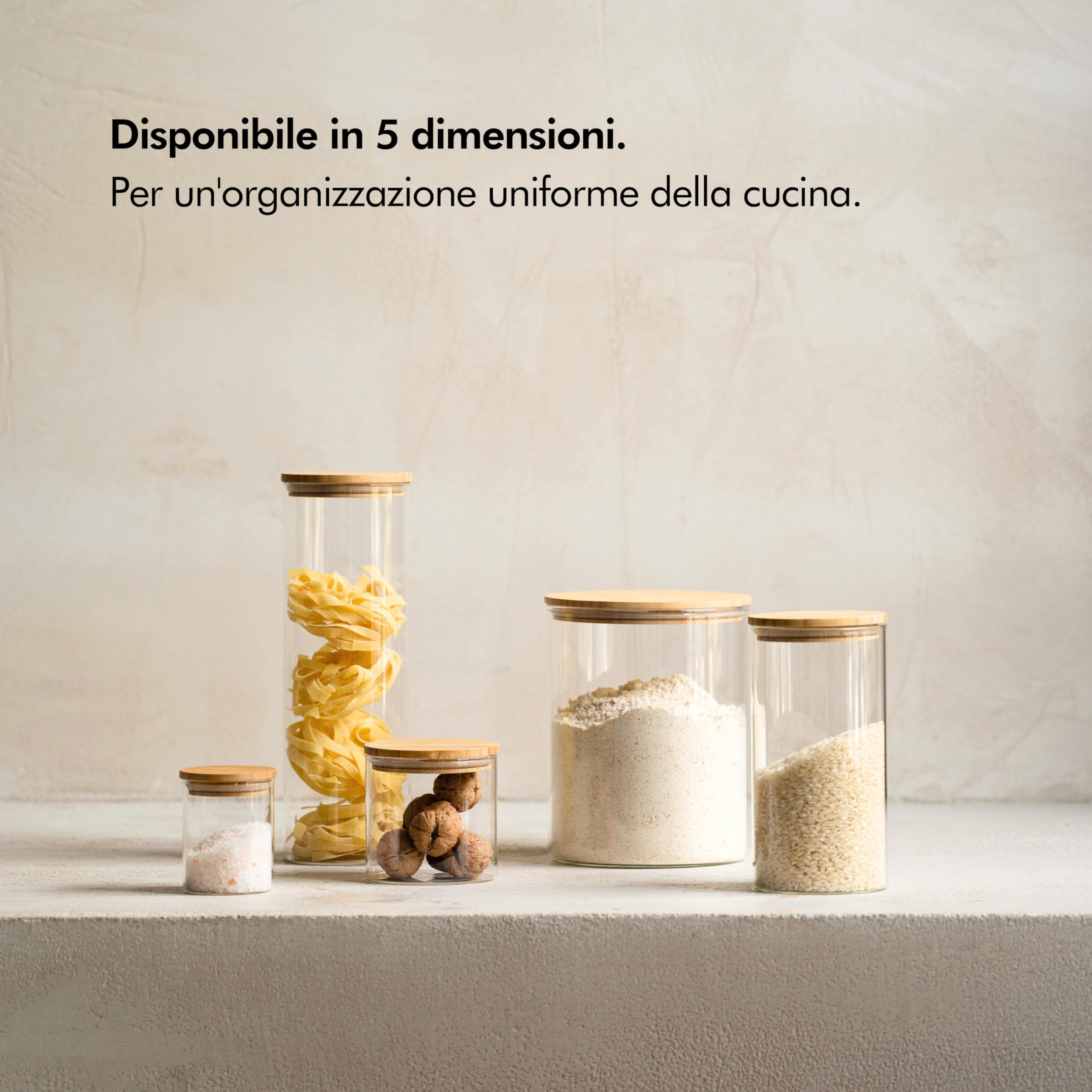 KIVY Barattoli Vetro Ermetici [4x 600ml] - Barattolo Vetro con Coperchio - Barattolo Sale Zucchero Caffè - Barattoli Cucina in Bambù - Contenitore Sale - Porta Pasta con Coperchio