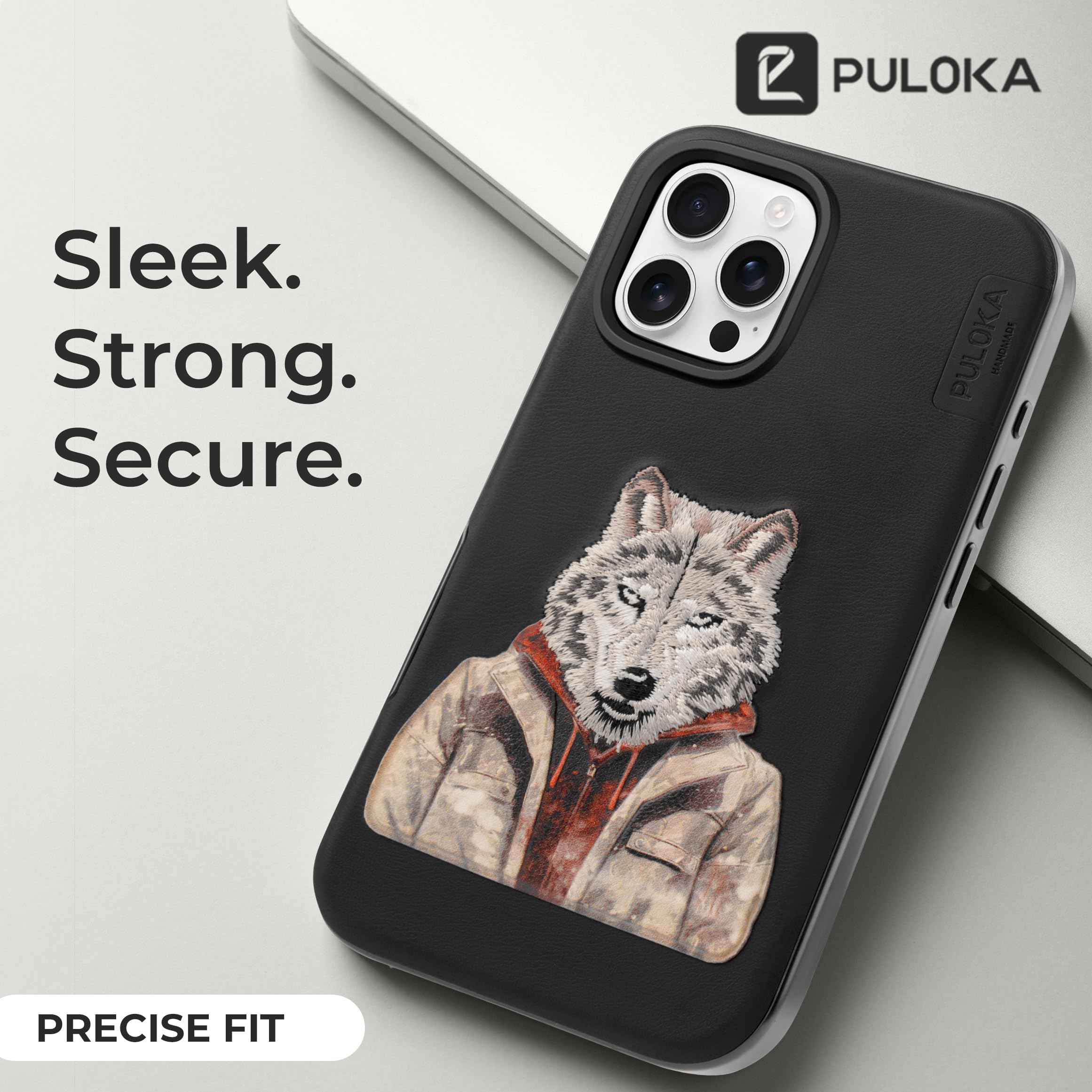 PULOKA iPhone 16 Pro Wolf Embroidery Leather Case -2