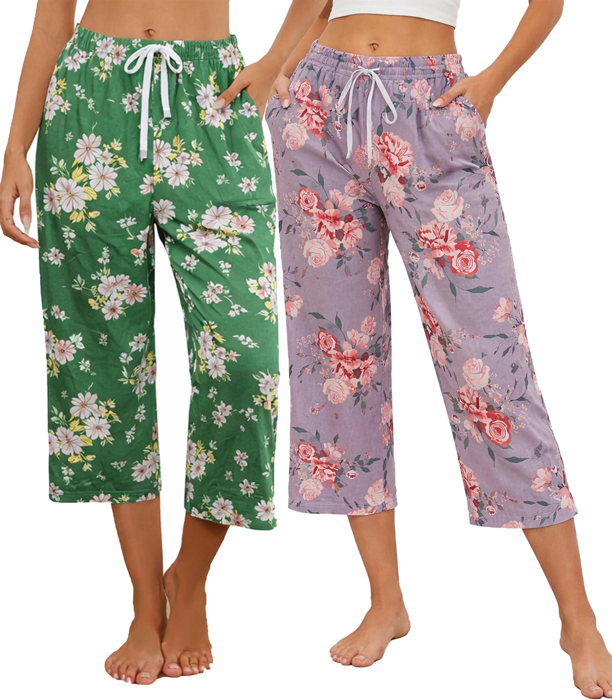 Kabento 2 Pack Womens Pajama Pants Capri Sleep Lounge Pants Drawstring Pj Bottoms with Pockets