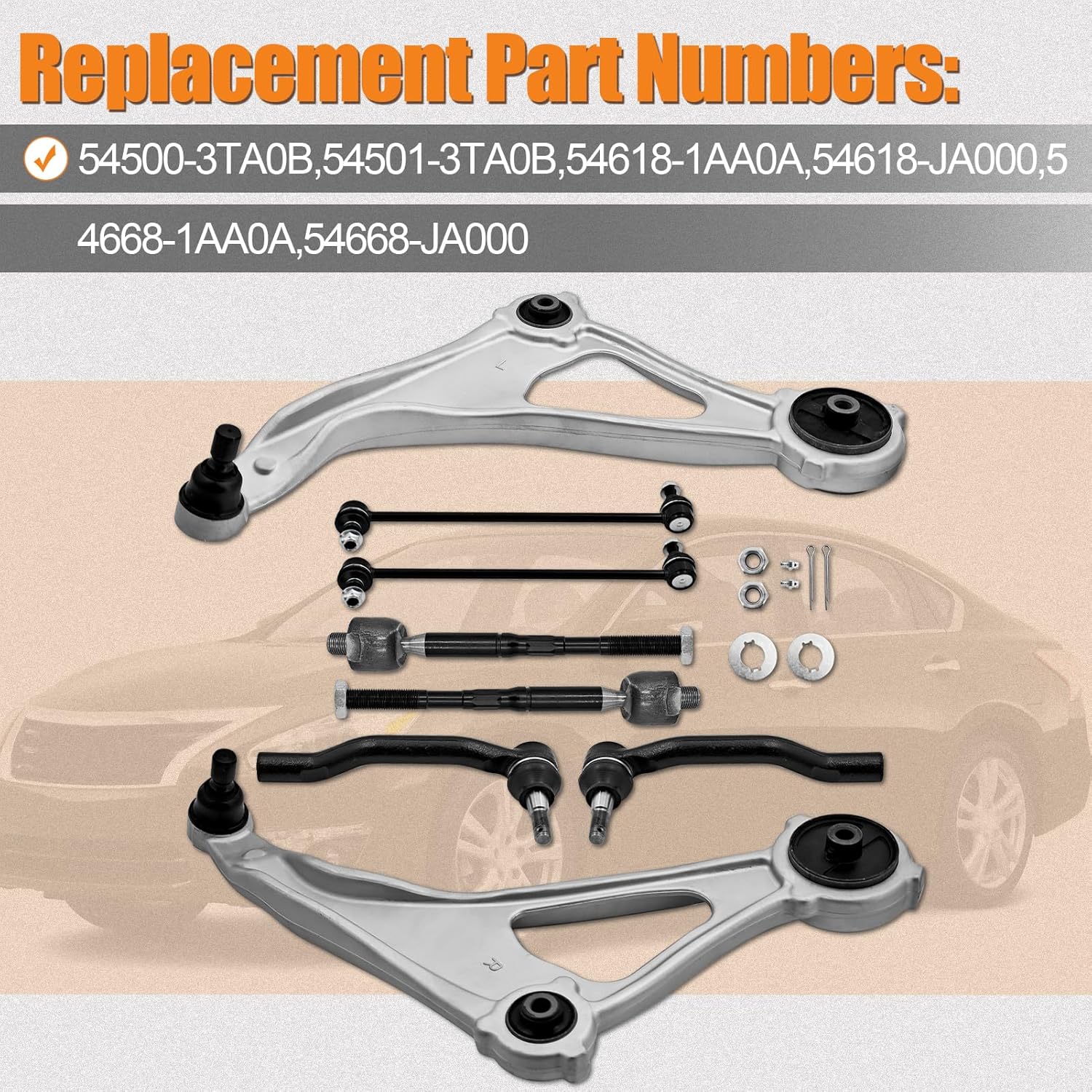 10pcs Suspension Kit Front Lower Control Arms with Ball Joints Sway Bar Links Inner and Outer Tie Rod End Compatible with Nissan Altima 2013-2014 2.5L 3.5L Replace# 545003TA0B 545013TA0B