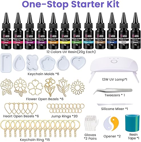 Miniatura 2 de LET'S RESIN Kit de fabricación de llaveros todo incluido, resina UV de 12 colores con moldes de llavero de silicona, luz UV, 6 estilos de biseles