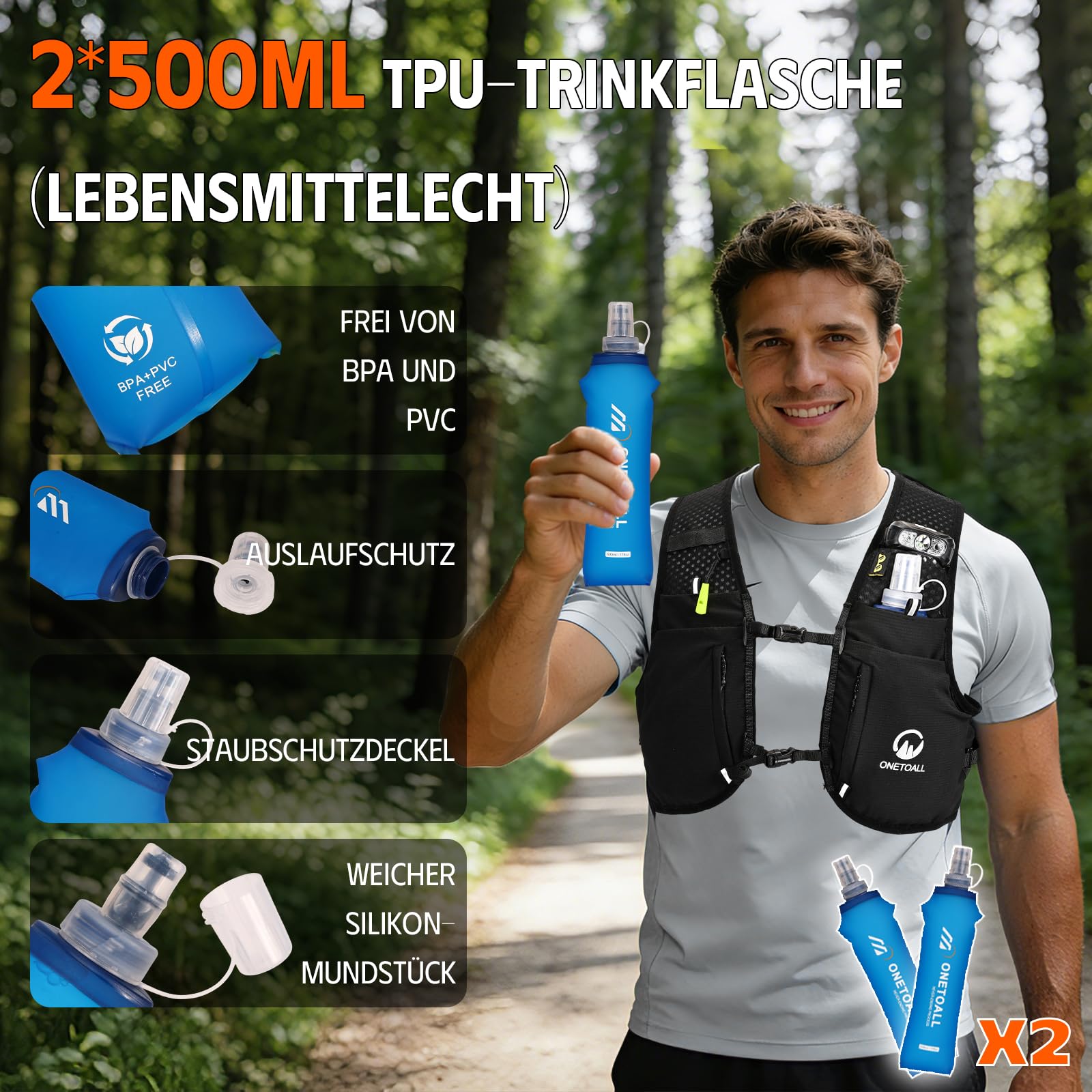 Laufweste Damen mit 2 Faltbare Trinkflasche 500ml, Trinkweste Laufen Herren, Running Vest Laufrucksack Trinkrucksack Reflektierend zum Marathon Trailrunning Jogging Radfahren