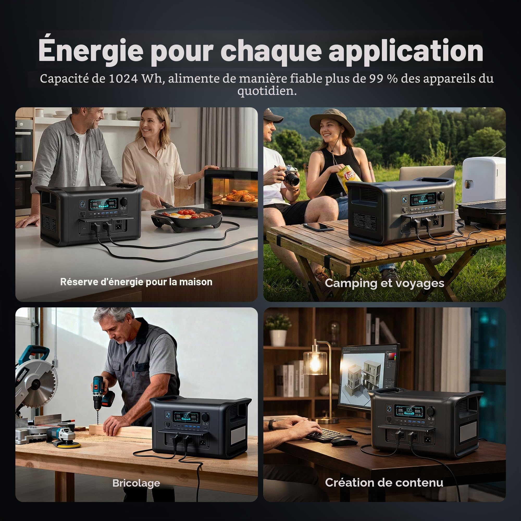 AP1000 Generateur Electrique Portable, 1024Wh Batterie LiFePO4 Station électrique, Recharge de 0-100% en 70 Min, CA 1800W 220V Groupe Electrogene Solaire pour Camping, Voyage Maison/Bureau
