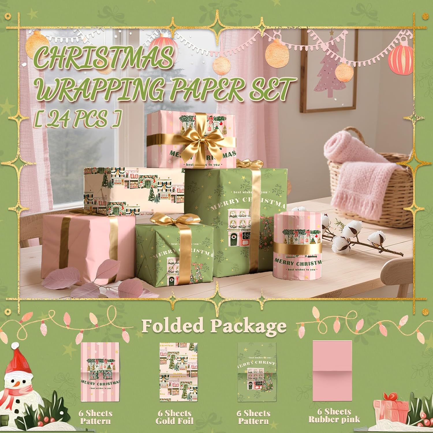 NICROHOME EUR 24 Sheets Christmas Tissue Paper, Sage Green Pink Tissue Wrapping Paper with Christmas Tree House Snowman Socks Pattern, Small Gifts Wrapping Paper for Xmas Crafts Gifts (15 X 20 Inch)