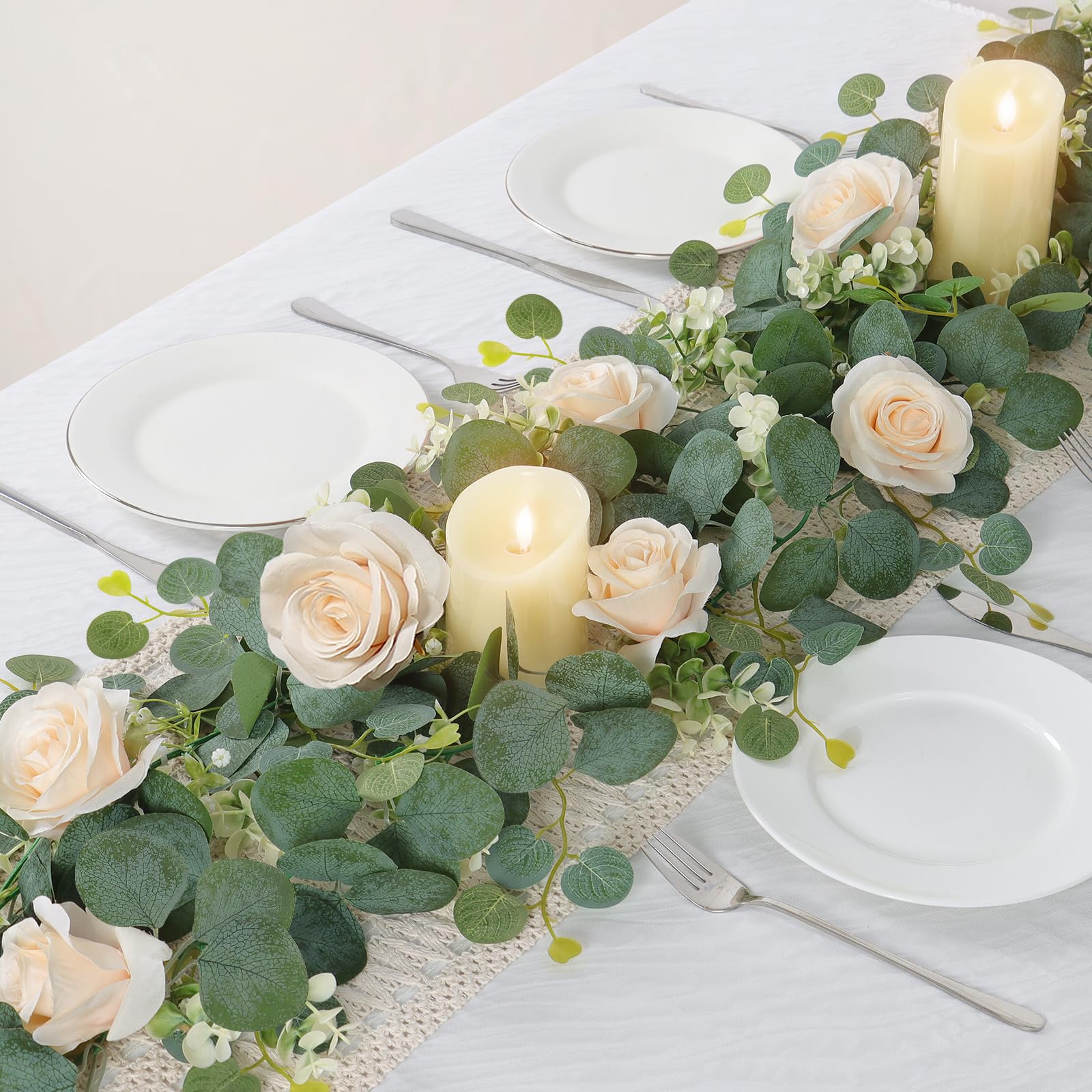 Dremisland 2PCS/12 FT Artificial Eucalyptus Flower Garland Spring Decor White Rose Fake Flowers Outdoor Greenery Fake Eucalyptus Garland Hanging Wisteria Faux Vines for Wedding Table Runner Backdrop - Image 2