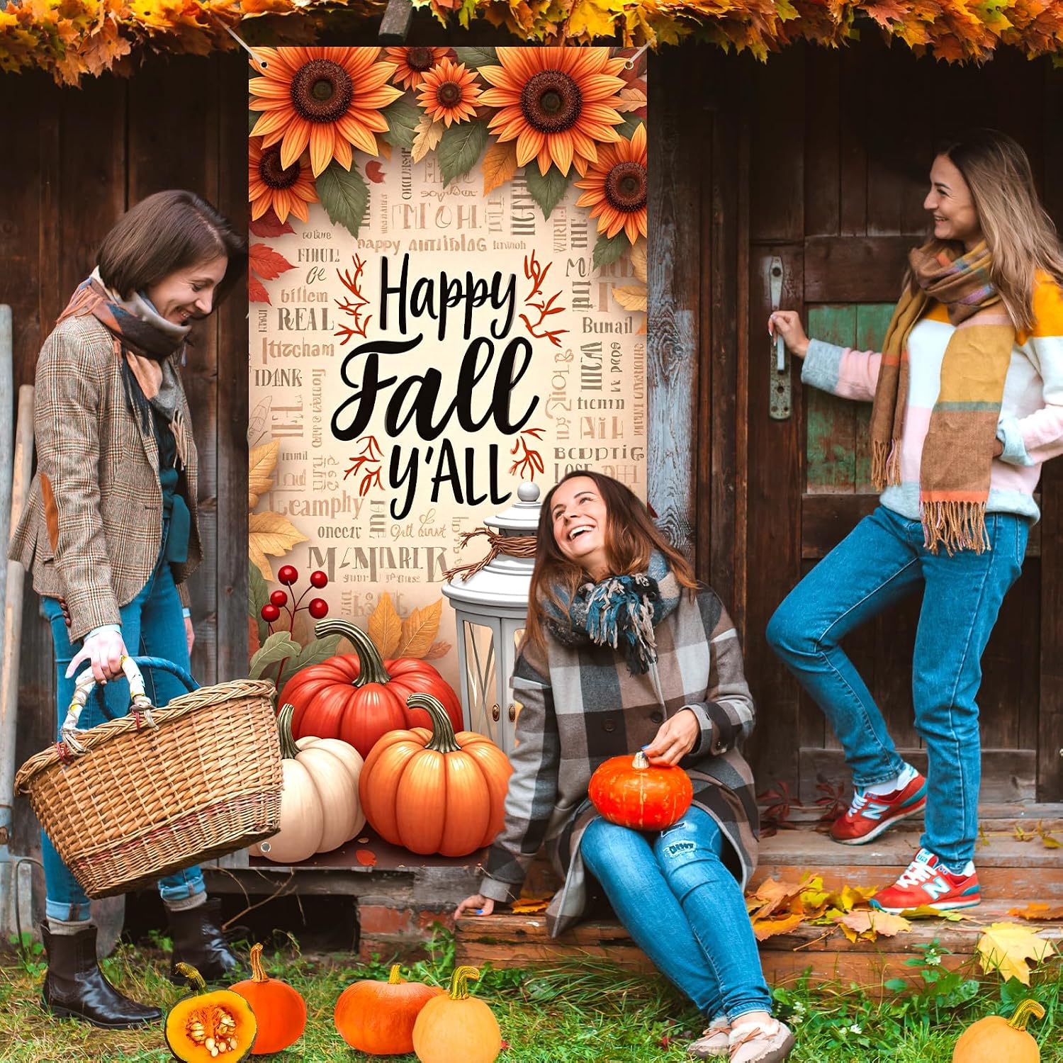 Happy Fall Y'all Decorations Door Cover Banner Autumn Thanksgiving Backdrop image 4