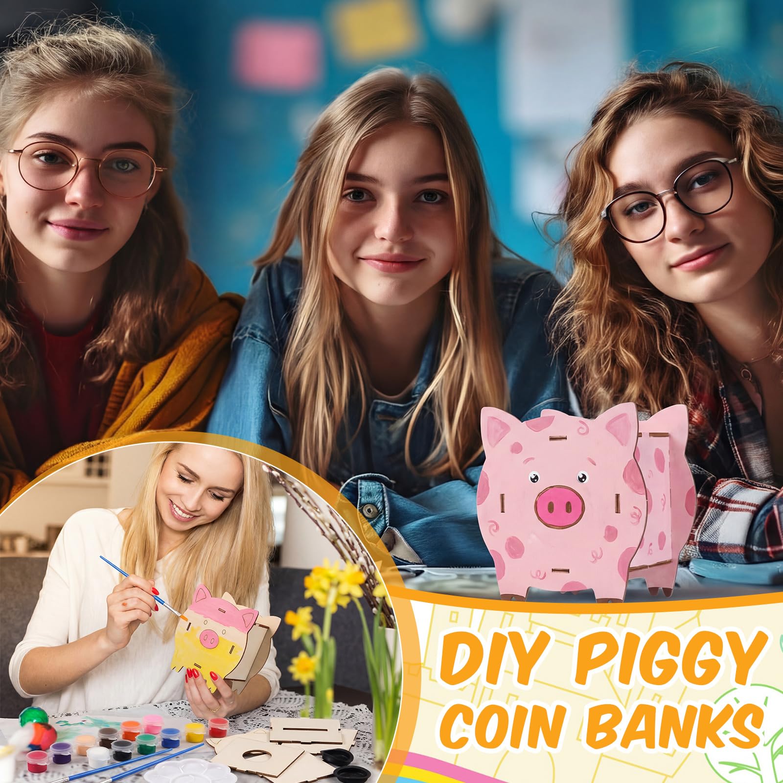 Weysat 24 Set DIY Holz Sparschwein Kit Unvollendete Schwein Münzen Banken Handwerk mit Farbstreifen Pinsel Palette Geld Sparbox Kleine Kleingeldbehälter Kunst Handwerk für Geburtstag Zuhause Festival