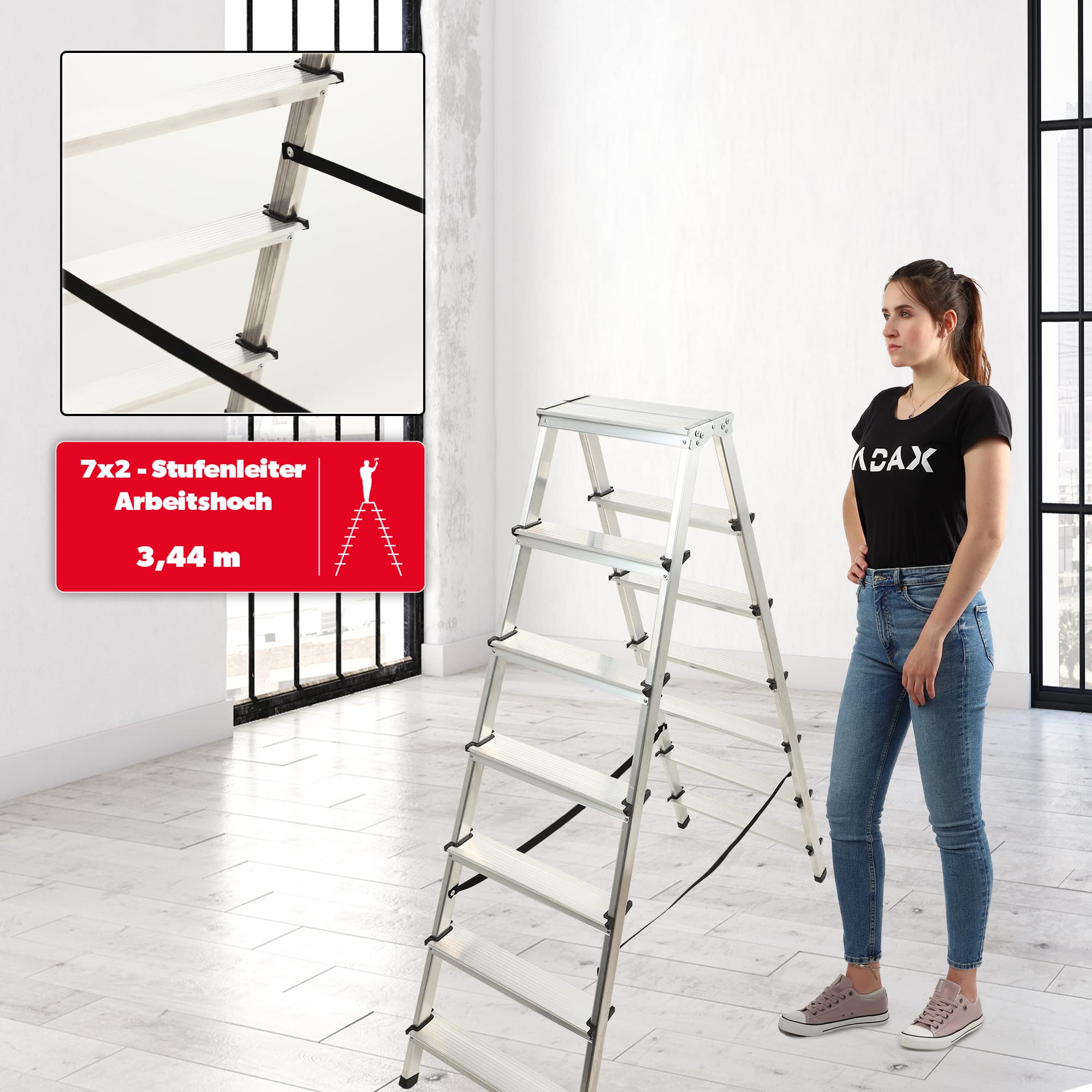 KADAX Escalera de Doble Cara de Aluminio con 7 Peldaños Antideslizantes, Capacidad de Carga de 125 kg, Plataforma de Trabajo y Diseño Plegable (145 x 50.5 cm)