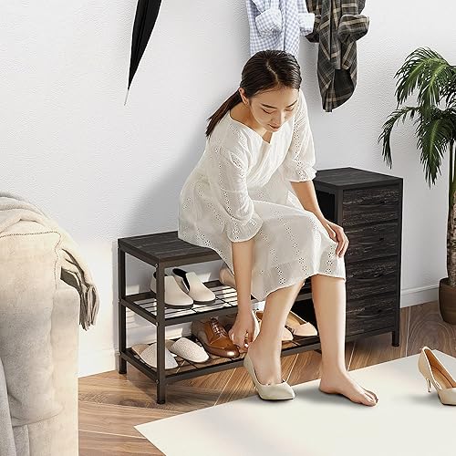 Miniatura 9 de EXOTICA Banco de almacenamiento de zapatos de 3 niveles con 4 cajones de tela, marco de metal y tabla de madera, zapatero con asiento para entrada,