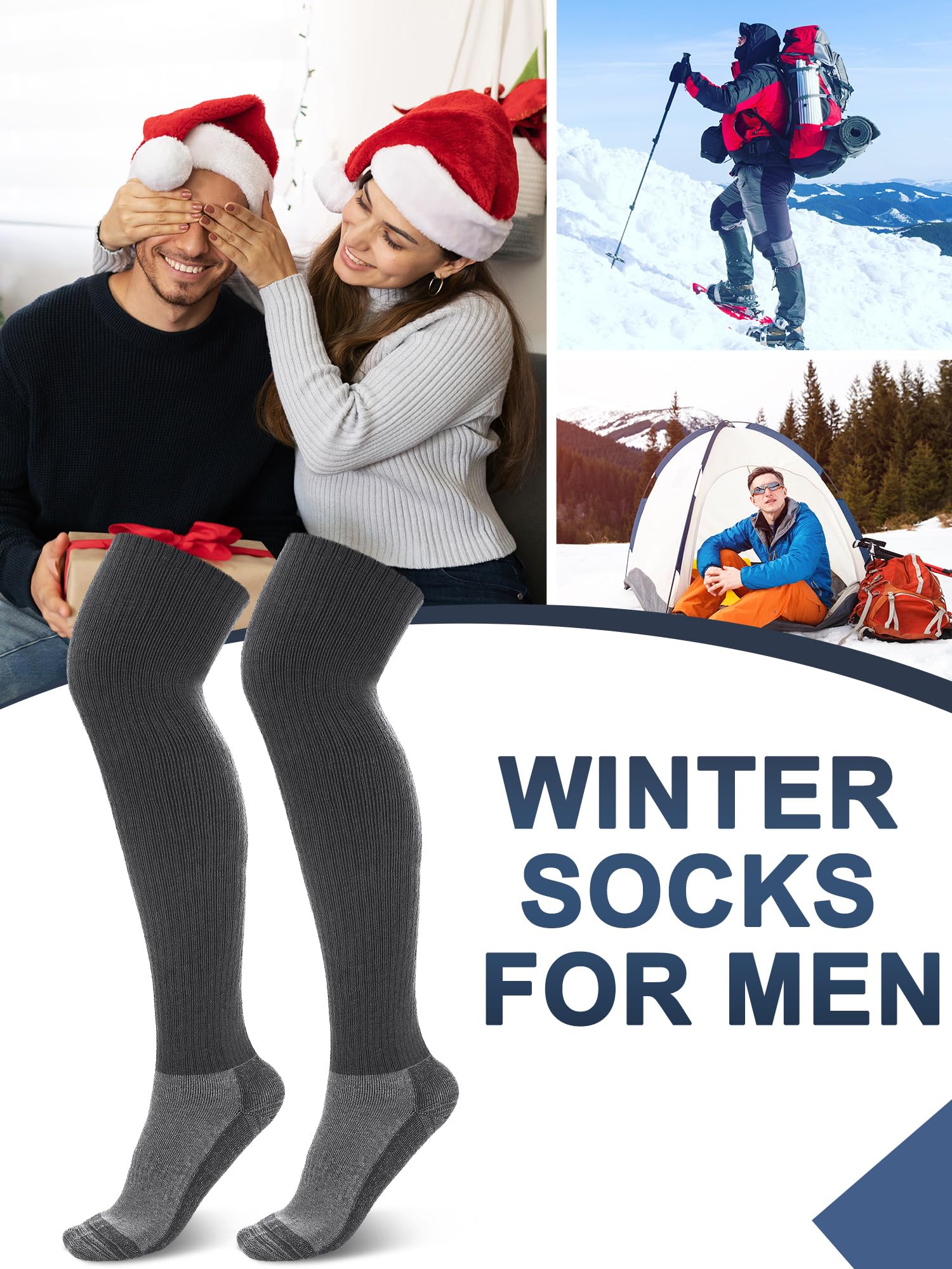 2 pares de calcetines térmicos de mezcla de lana merino para hombre, por encima de la rodilla, calcetines altos para botas altas para hombre, Gris, talla única