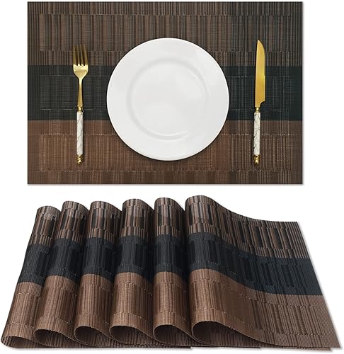 Miniatura 11 de HeloHo - Juego de 6 manteles individuales negros lavables, manteles individuales de vinilo tejido para mesa, manteles individuales limpiables para