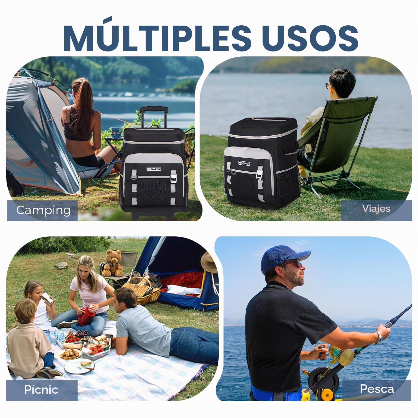 INSMEER Nevera grande con ruedas 50L/80 latas, diseño plegable 2 en 1 | Nevera térmica portátil de lados suaves, familia de 4, picnic playa, compras, viajes, XXL