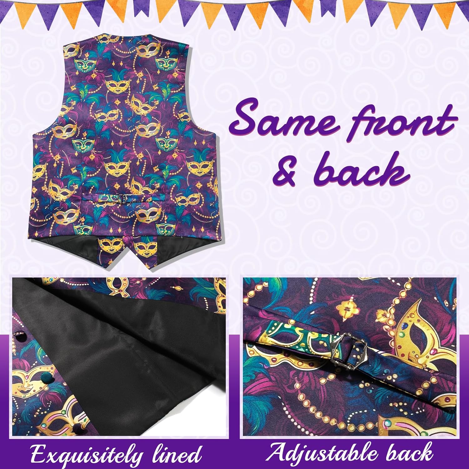Mardi Gras Vest for Men Mardi Gras Outfit 3PC Mens Vest and Tie Set Waistcoat Vests Tuxedo Vests and Tie - Image 3