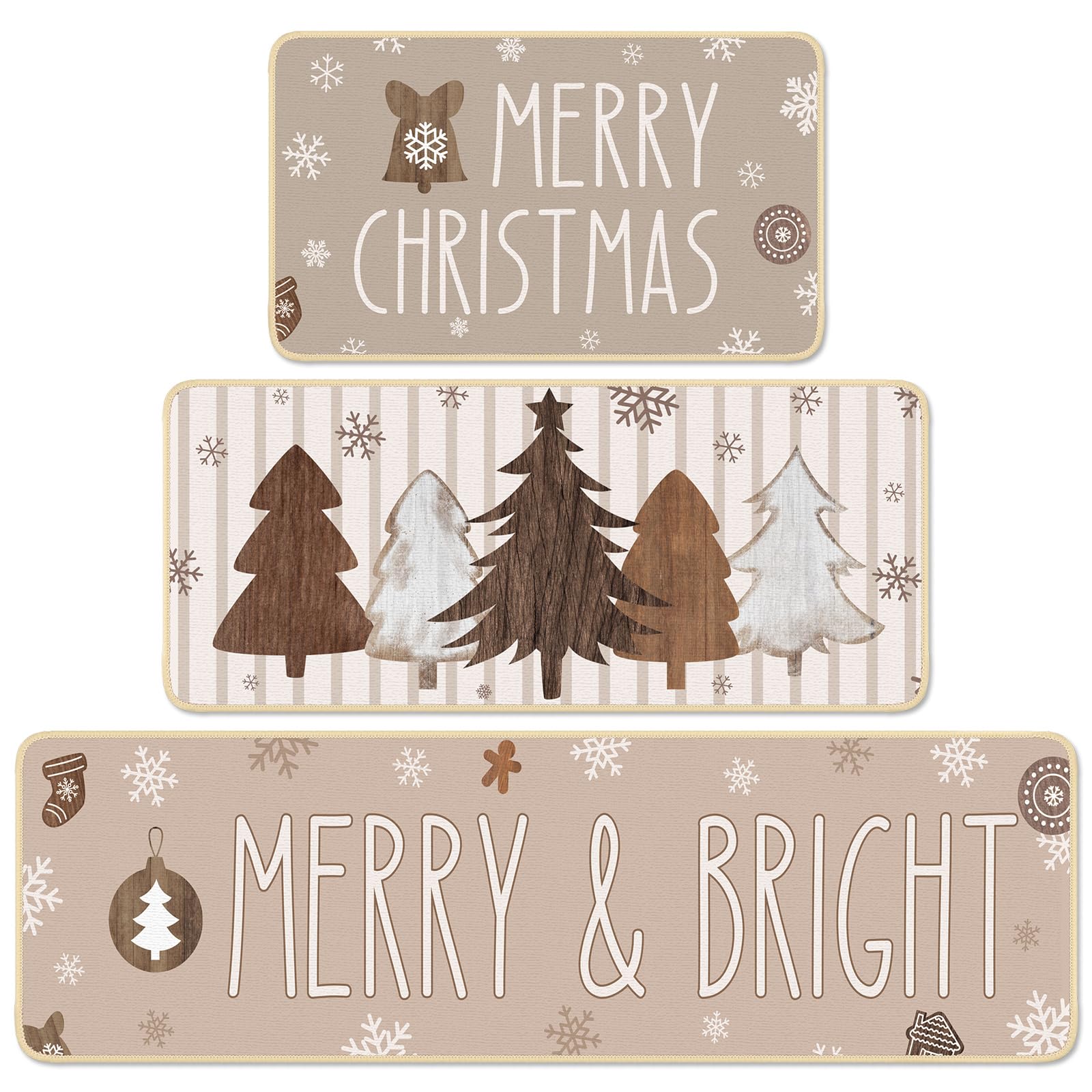 Tinideya Küchenteppich, Motiv: Frohe Weihnachten, Holzbaum, Schneeflocken, Urlaub, Winter, Vintage, neutrale Weihnachtsdekoration, Innen-Bodenmatte für Küche, Badezimmer, Heimdekoration, 3 Stück