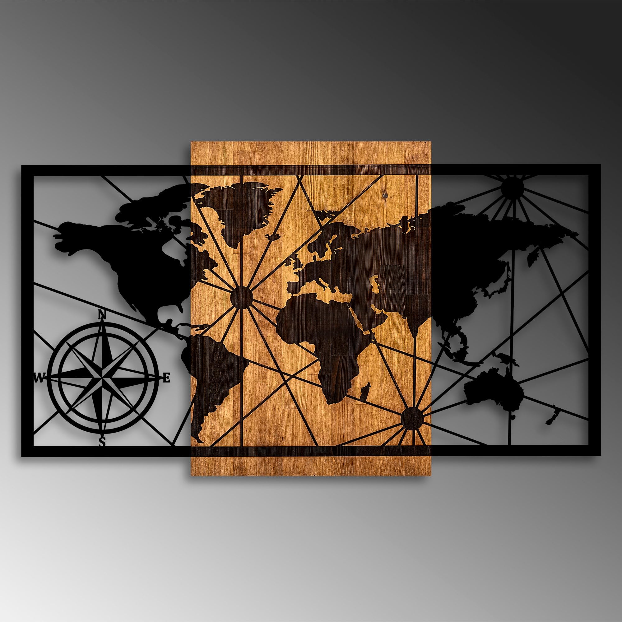 Wallity Elegante accessorio decorativo da parete in legno, 70 x 120 cm, 100% vero legno (3 cm) e metallo (1,5 mm), finitura unica noce e nera, perfetto per la decorazione della casa