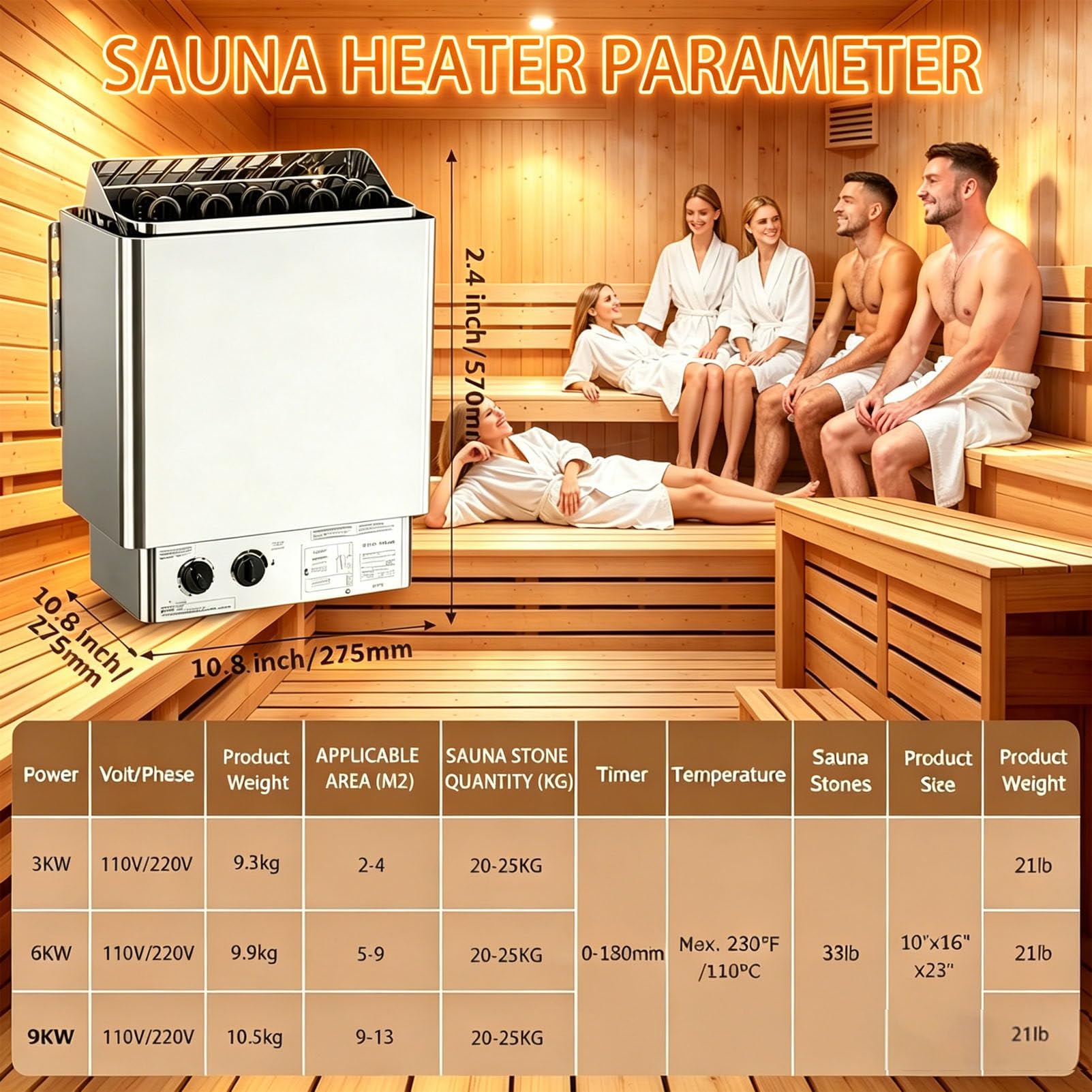 Riscaldatore Elettrico per Sauna, Stufa a Vapore in Acciaio Inox, riscaldatore per Sauna secca, Temperatura Regolabile e Timer di 3 Ore, Stufa per Bagno Turco per casa e Spa 110V-6KW