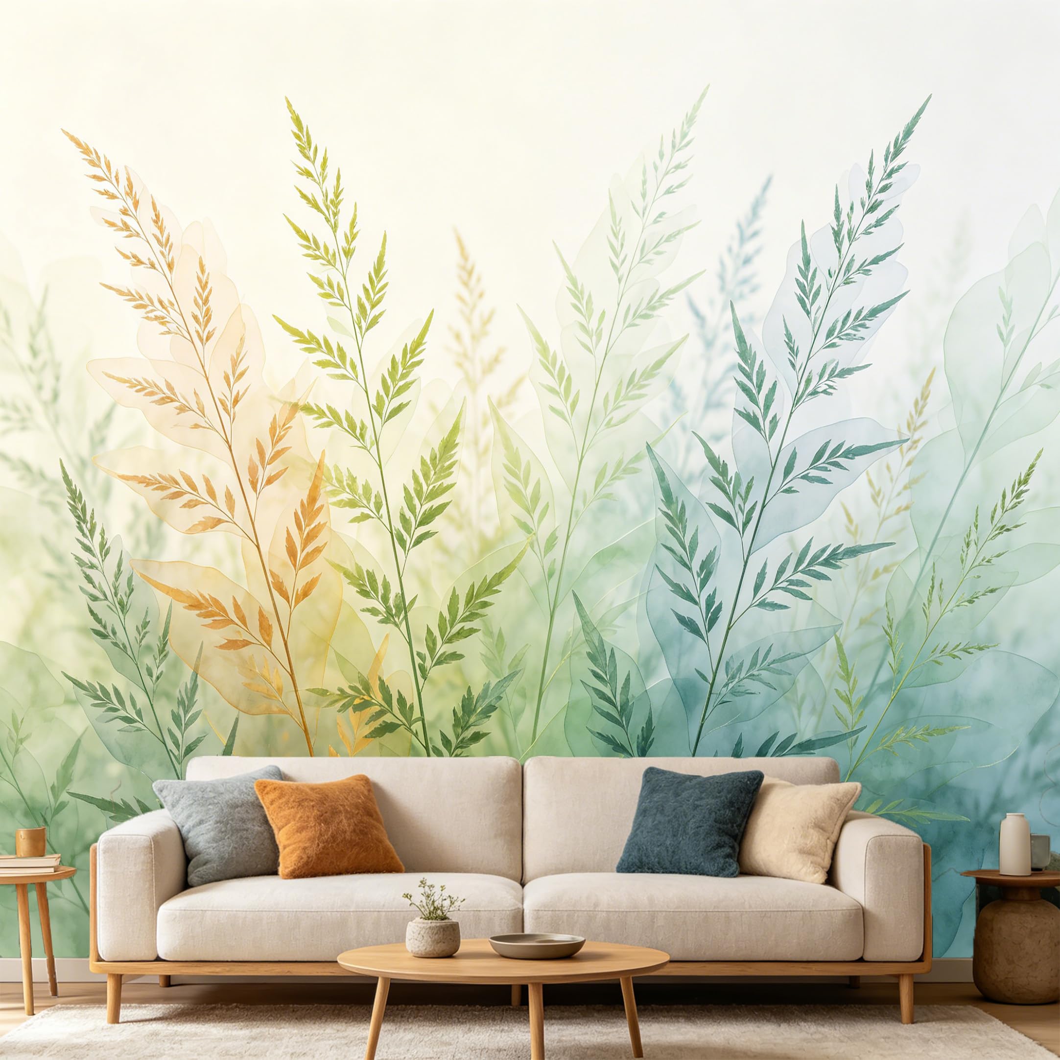 Custom Size Wall Mural Botanical Watercolor Fern Leaves Modern Minimalist Plant Foliage Nature SelfAdhesive Art Prints wall Fabric（No PVC） Removable Wallpaper Home Bedroom Decor