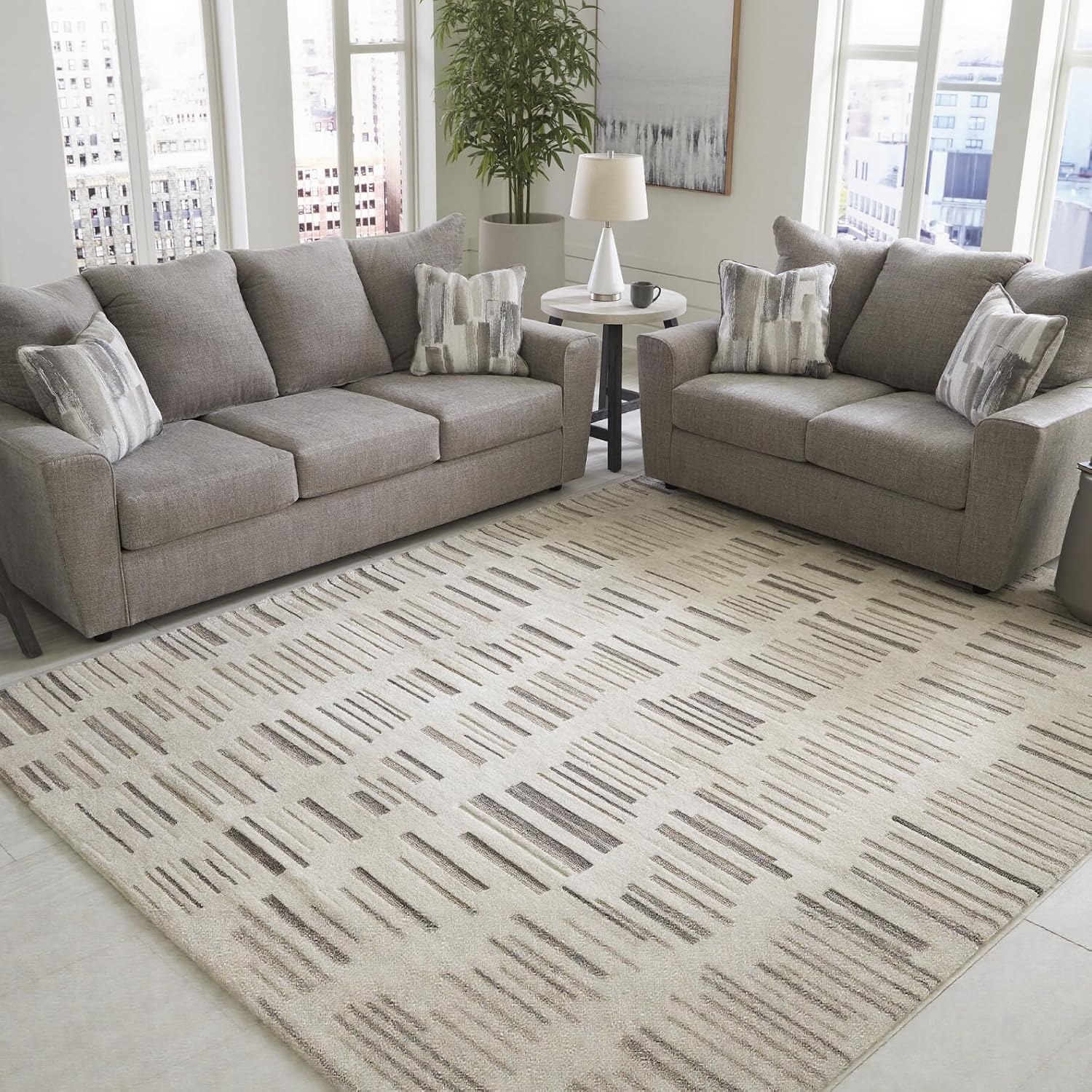 Signature Design by Ashley Area Rug, 8 x 10, Ivory & Brown | Handwoven 100% polyester with a cotton backing, High-low stripe contemporary modern design, Leesdale Series