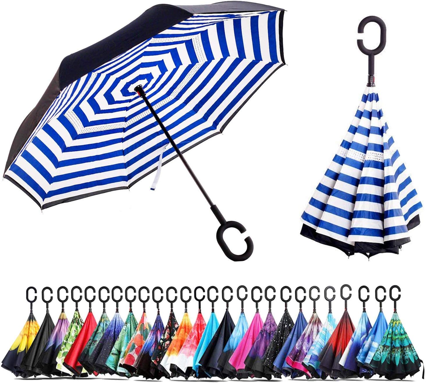 umbresen Double Layer Inverted Umbrella Cars Reverse Open Folding Umbrellas, Windproof UV Protection Large Self Stand Upside Down Straight Umbrella for Golf Women and Men With C-Shaped (navy stripes)