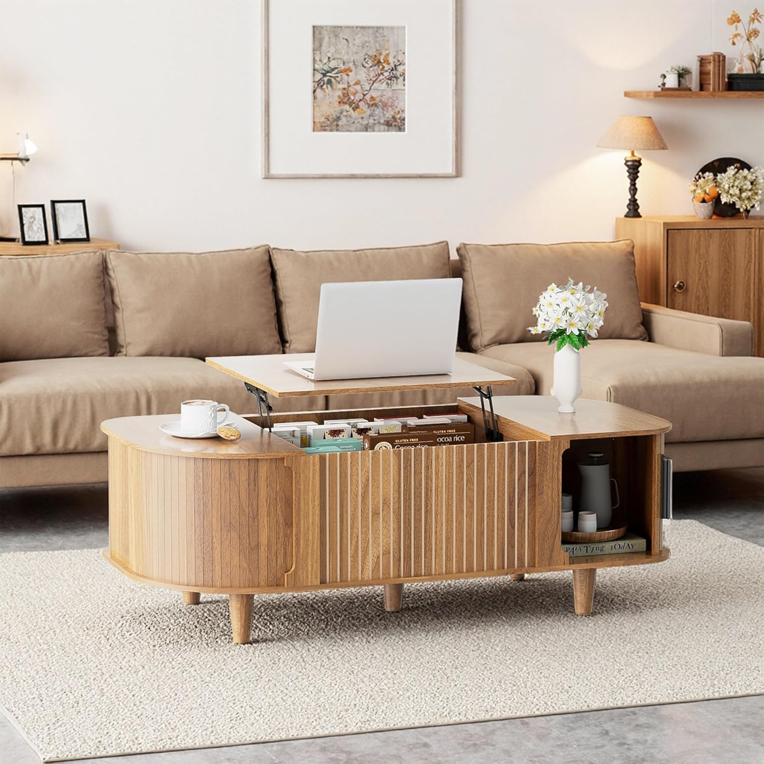 Lift Top Coffee Table, Oval Mid Century Modern Center Table with 3 Hidden Storage, 41" Coffee Tables with Sliding Door and Open Cabinet for Living Room Bedroom Office, Walnut Wood
