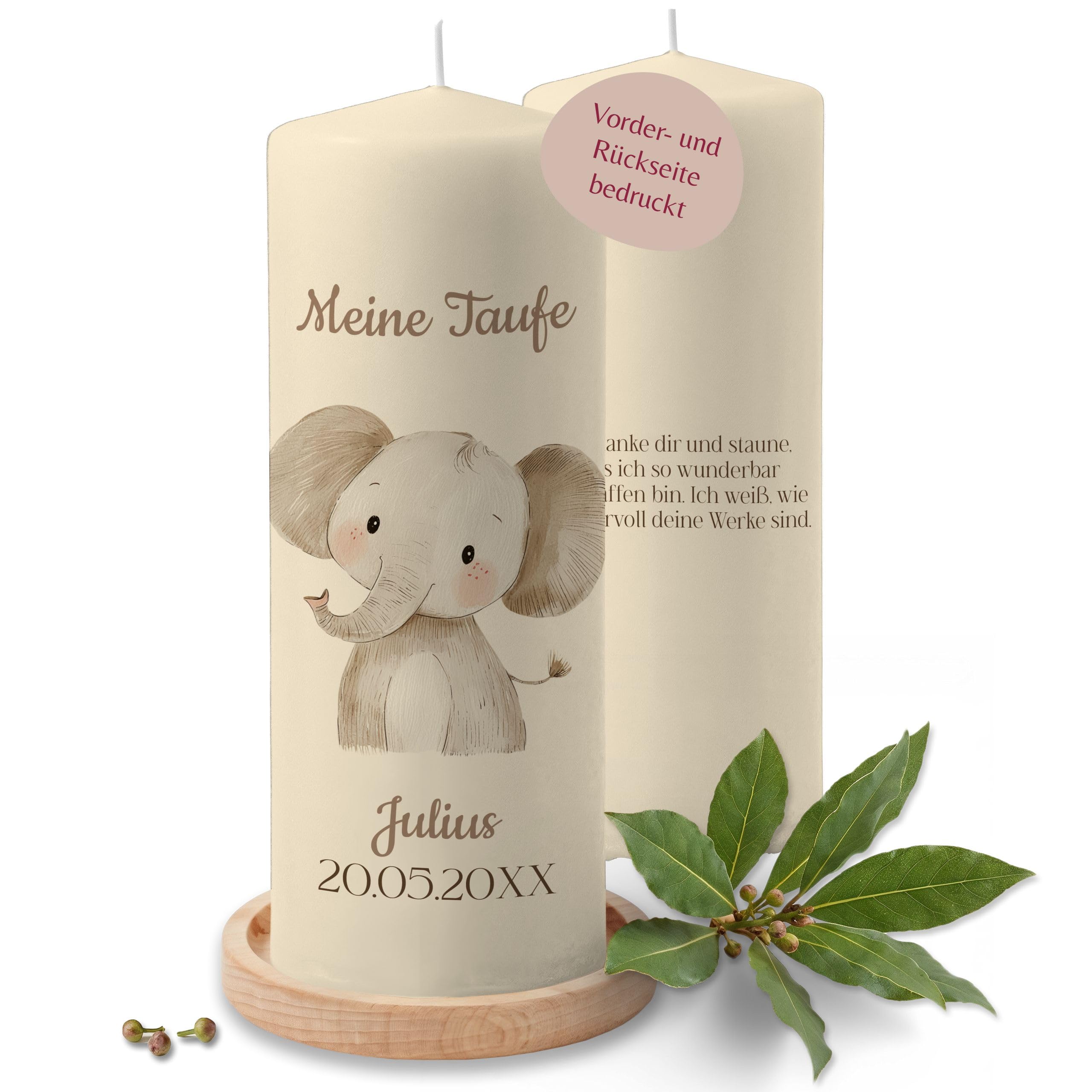 Taufkerze - Taufe - Elefant mit Name Datum Wunschtext - Taufgeschenk Deko personalisiert - 230/78 mm - Elfenbein