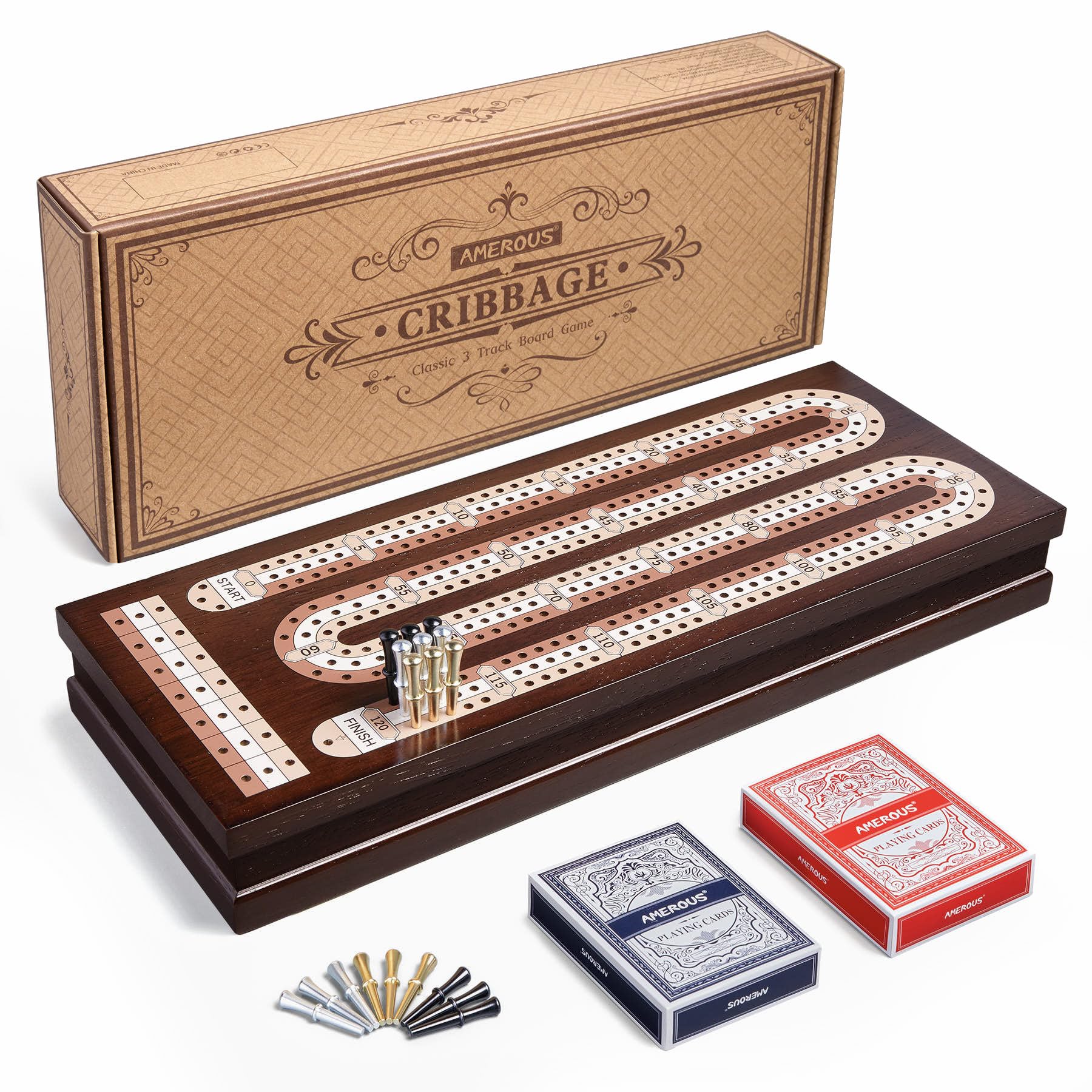 AMEROUS Wooden Cribbage Board Game Set with Magnetic Lock / 9 Metal Pegs / 2 Decks of Playing Cards/Larger Storage Area/Instruction, Classic Tabletop Game for Family (3 Track Board)