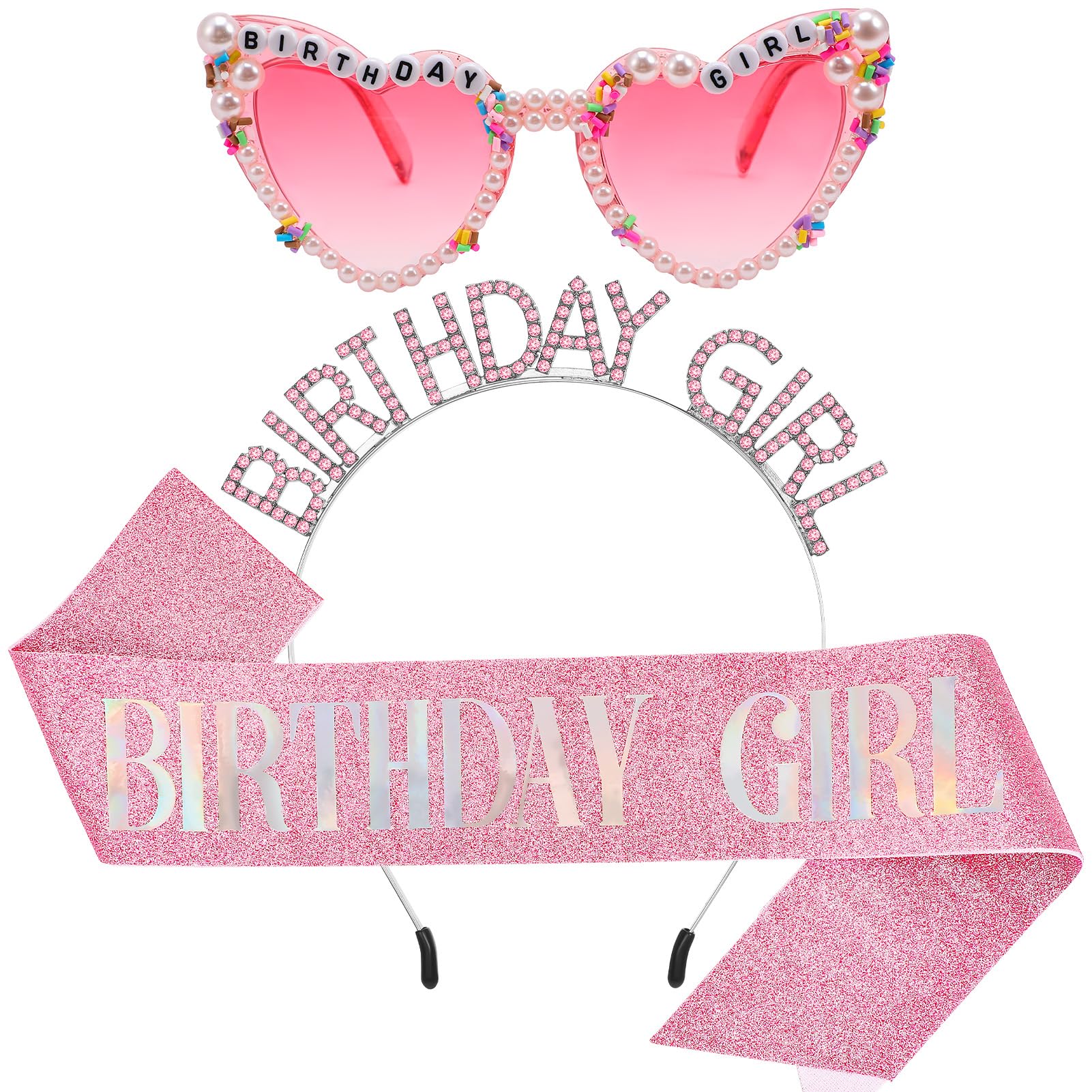 ViEinkaufen Birthday Girl Accessories Kit, Birthday Glitter Pink Sash with Heart Pearl Sunglasses and Sparkling Crystal Headband,Happy Birthday Party Accessories for Girl Women Costume