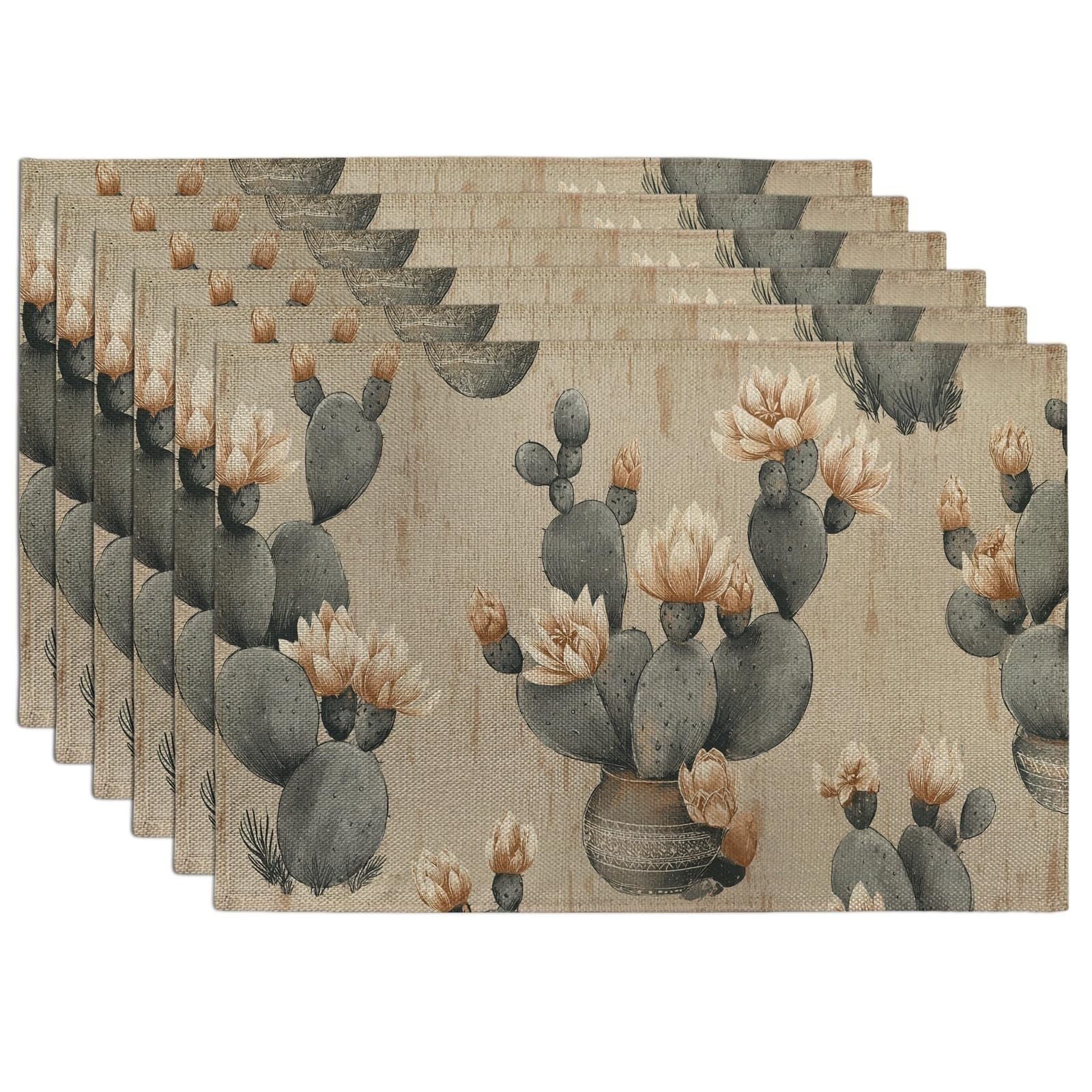 Desert Plants Floral Placemats, Beige Rustic Botanical Place mats for Dining Table, Non-Slip Washable Indoor Outdoor Party Decorative Placemat Set of 6