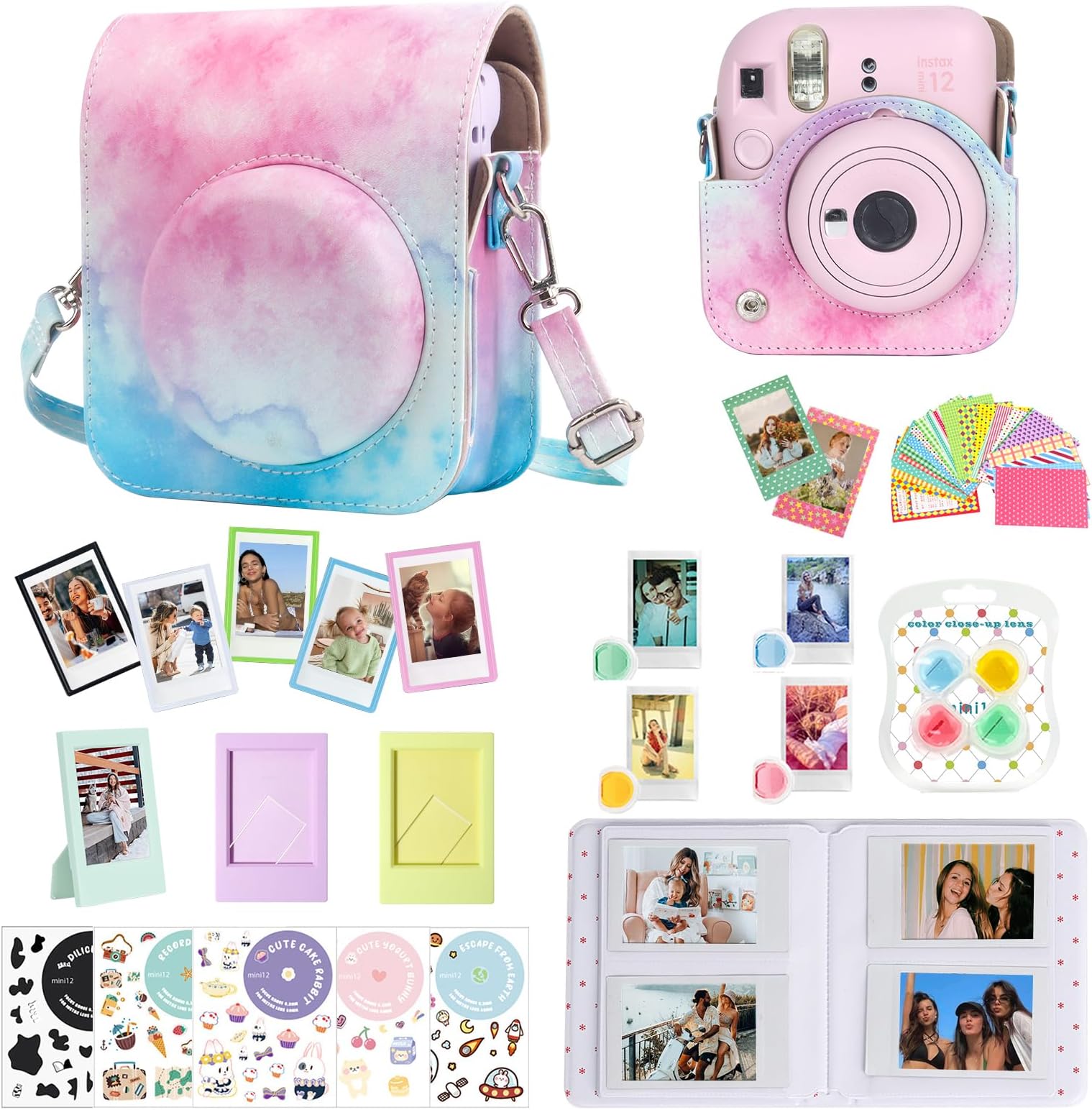 CAIYOULE Accessories for Fuji Instax Mini 12 Camera, Accessory Bundle Include PU Leather 12 Case, Mini Picture Album, Frames, DIY Stickers, Color Filter (No Camera) - Blue Pink Watercolor