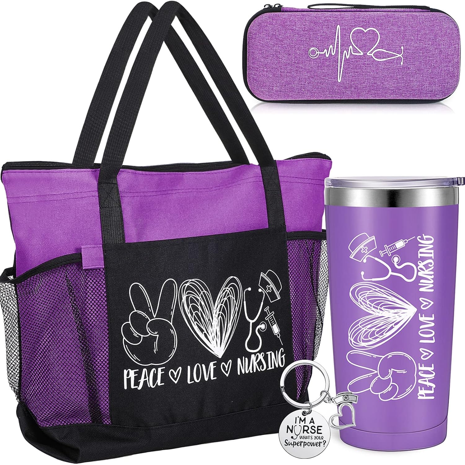 Coume 4 Pcs Christmas Nurse Gifts for Women Peace Love Nursing Appreciation Gift Set Include Tote Bag Stethoscope Case Tumbler Keychain for RN, NICU, Practitioner, Nurses Week, Graduation(Purple)
