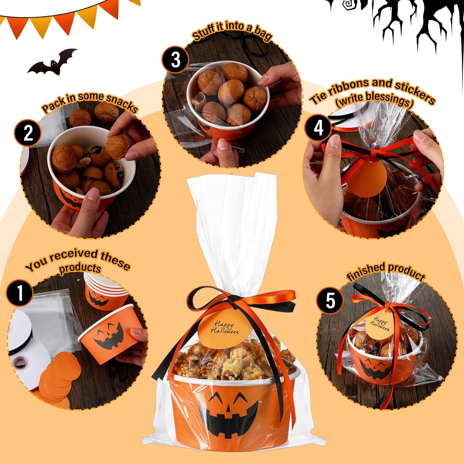 Dandat 150 Sets Halloween Treat Snack Cups Bulk 15oz Disposable Pumpkin Paper Bowls Jack-O-Lantern Pumpkin Cups Orange Black Dessert Ice Cream Bowls for Halloween Trick or Treat Party Favors Supply