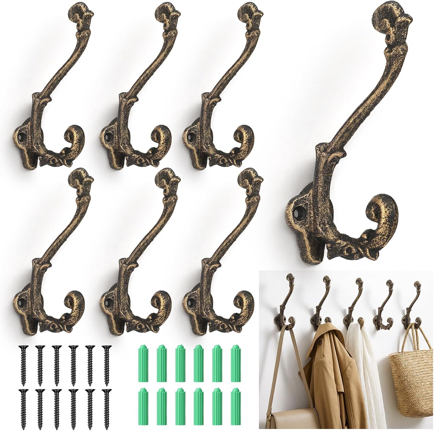 Chumia 6 Pack Rustic Cast Iron Wall Hooks Antique Brass Vintage Coat Hooks Heavy Duty Rustic Wall Mount Hook 35 Lbs Capacity Rust Resistant Farmhouse Hanger for Entryway Bathroom Indoor Outdoor