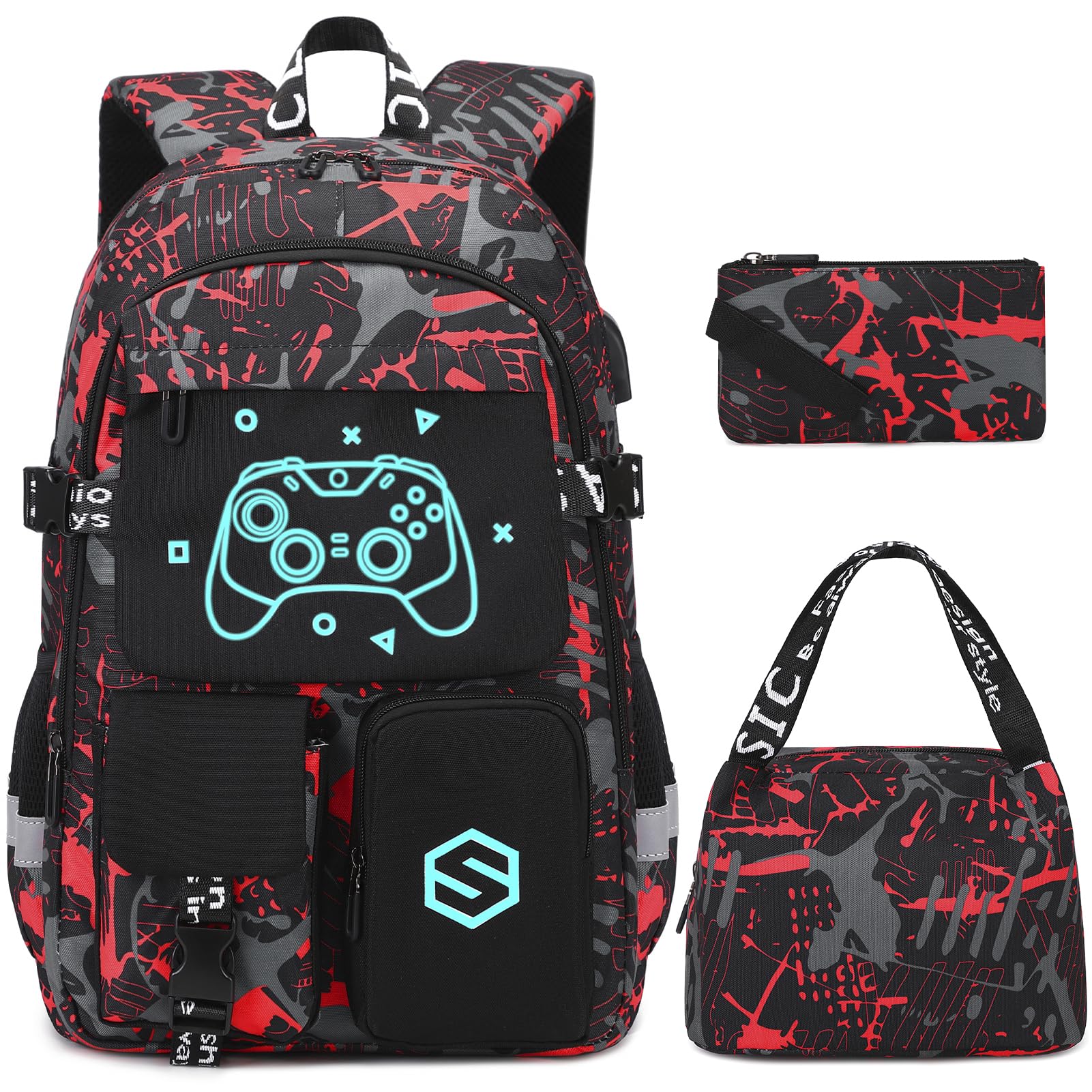 Scothen Boys Backpack, Cool Luminous School Backpacks for Boys with Lunch Bag Pencil Case, Kids Backpack Kindergarten Elementary Middle School Book