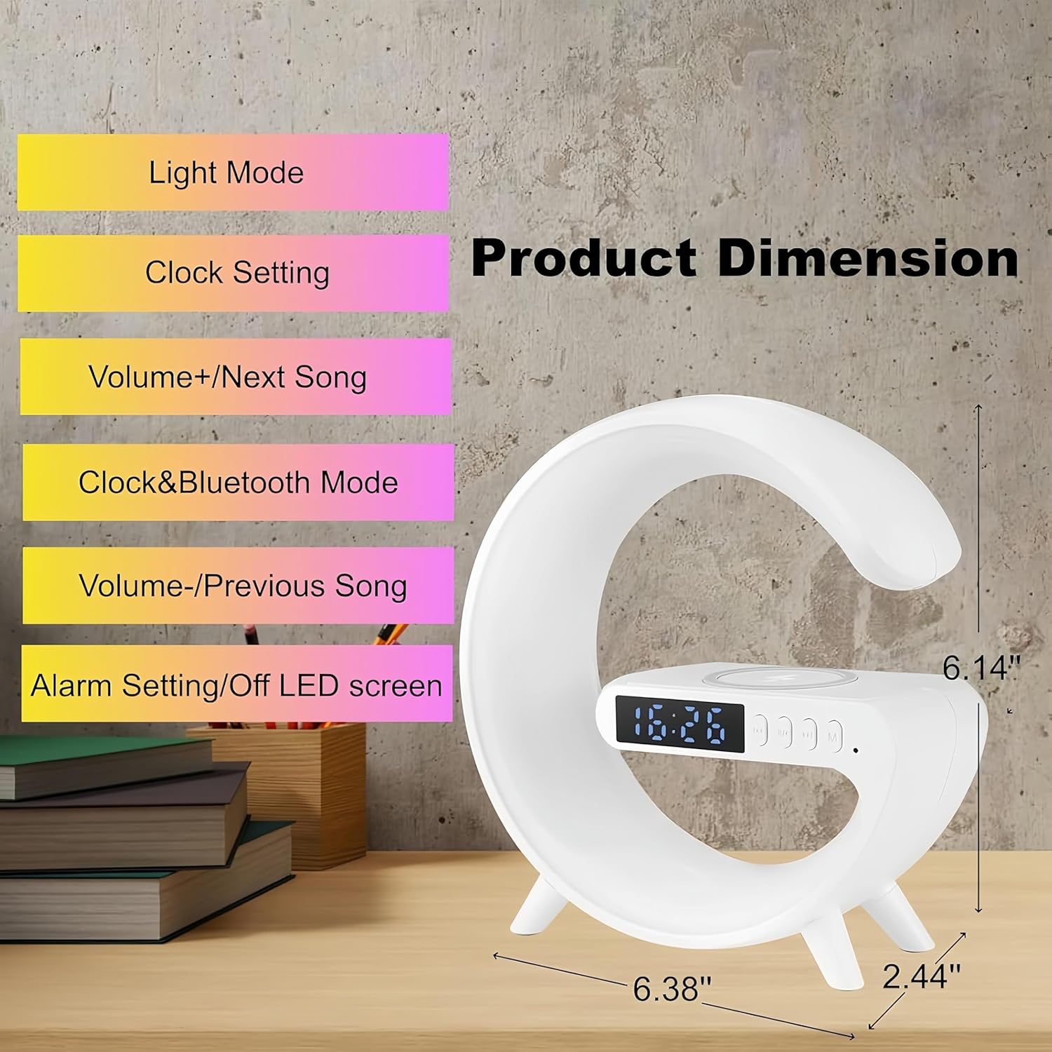 Diagram showing the Treligate Mini G Lamp with labels pointing to its control buttons and their corresponding functions: Light Mode, Clock Setting, Volume+/Next Song, Clock&Bluetooth Mode, Volume-/Previous Song, Alarm Setting/Off LED screen.