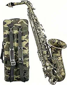 VEDO Saxofone alto Camouflage, em Mi bemol, acompanha boquilha, estojo, 10 palhetas, lubrificante, pano e barra de limpeza, luvas, alça de ombro e manual de instruções, Camuflar (Verde claro)