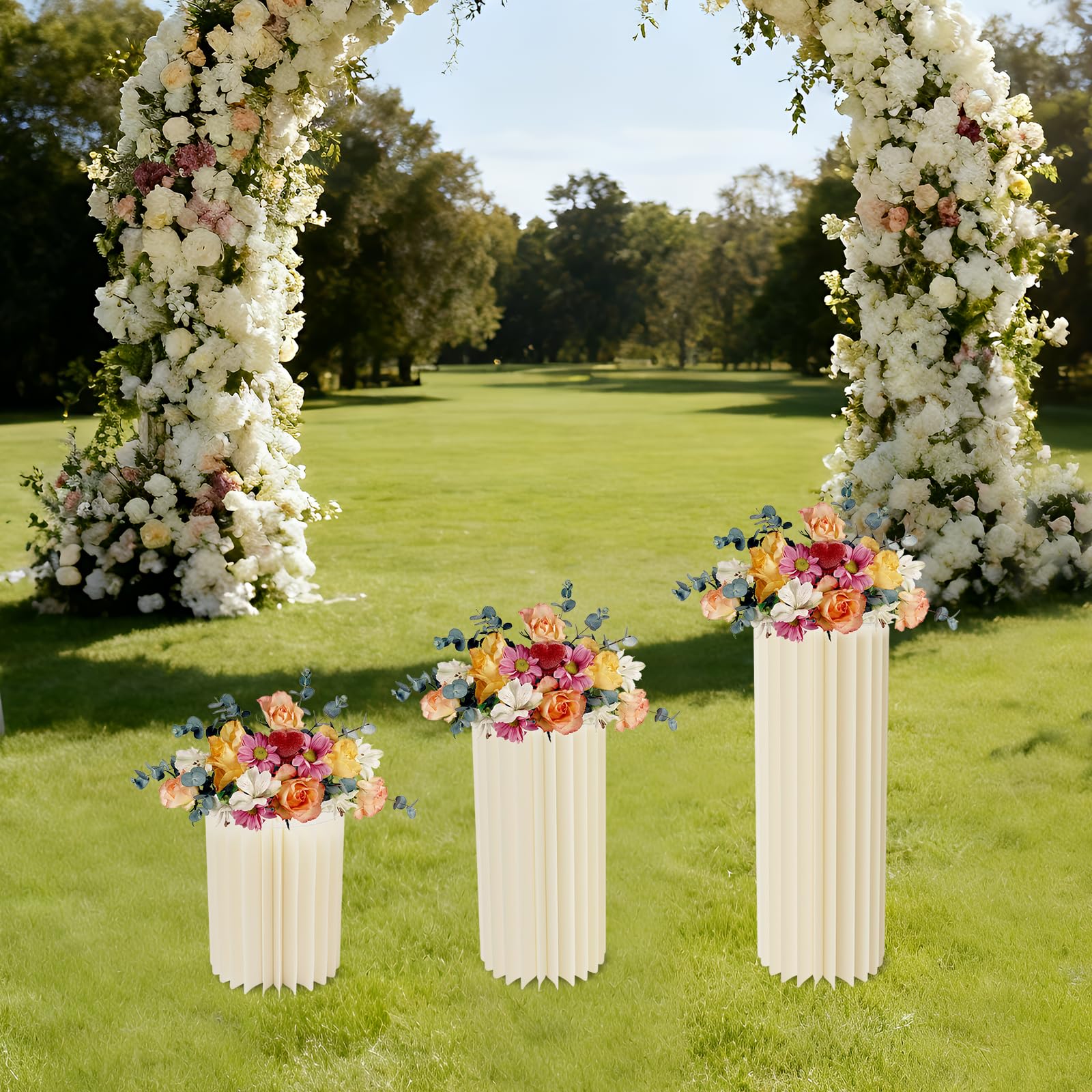 Juego de 3 portaflores de cartón blanco, soportes para ramos de boda, 60/80/100 cm, pilares de decoración de nido de abeja, expositores para fiestas de cumpleaños, ceremonias, aparador