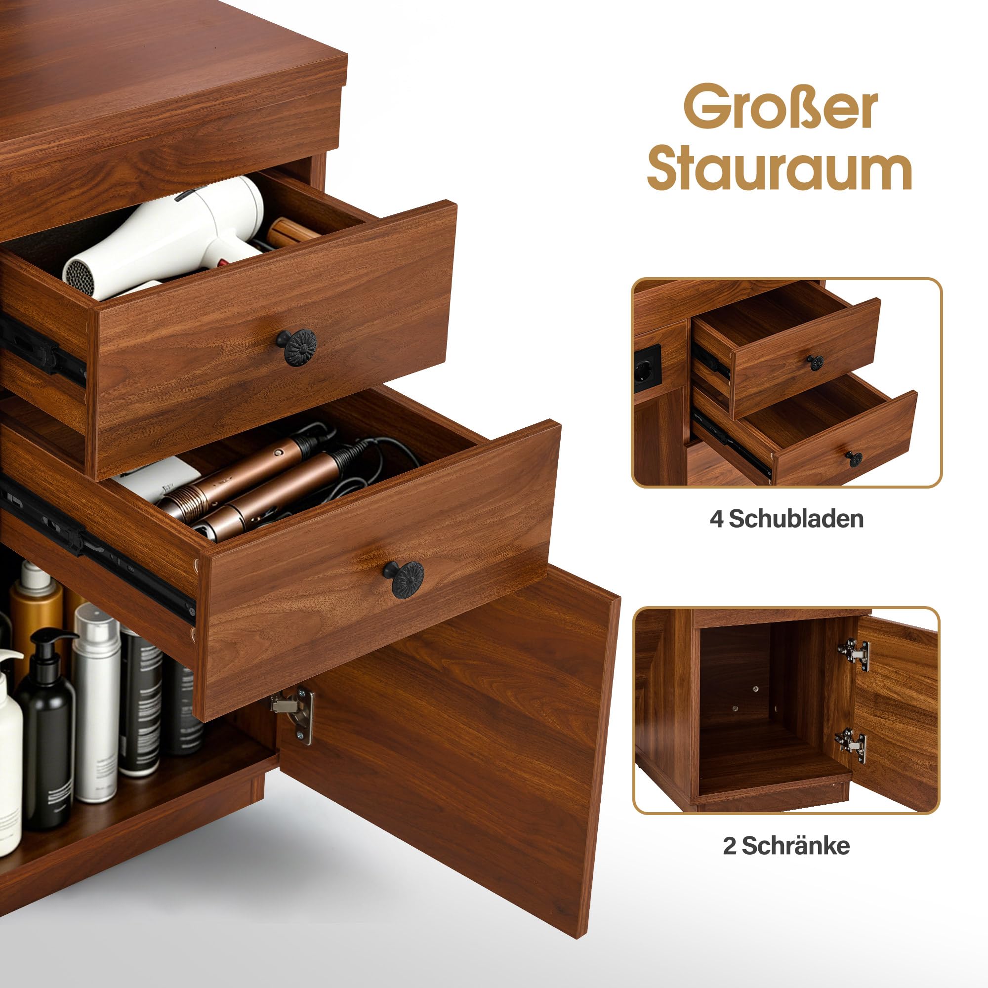 Barberpub Friseurplatz mit 4 Schubladen, Schminktisch mit Spiegel, Bedienungsplatz mit 6 Ablagen & 2 Schränken, Spiegelschrank mit Beleuchtung, Spiegeltisch, Friseureinrichtung, J3140 (Braun)