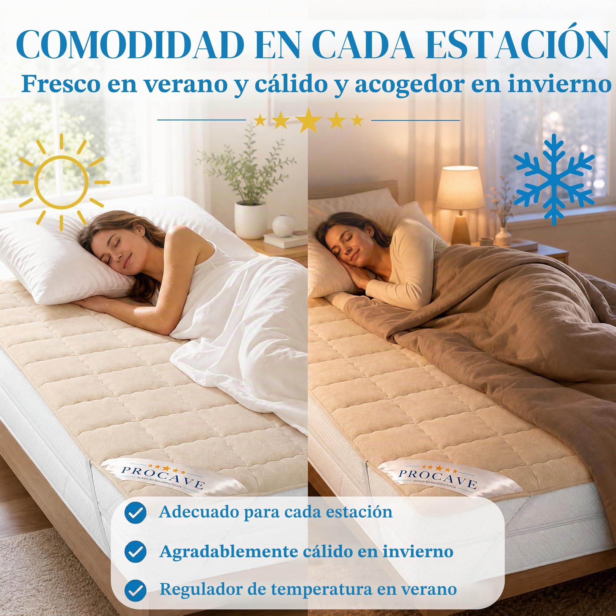 PROCAVE Protector de colchón Acolchado de Lana Virgen,Funda Transpirable para Cama, Cubrecolchón con 4 Gomas angulares 160x200 cm