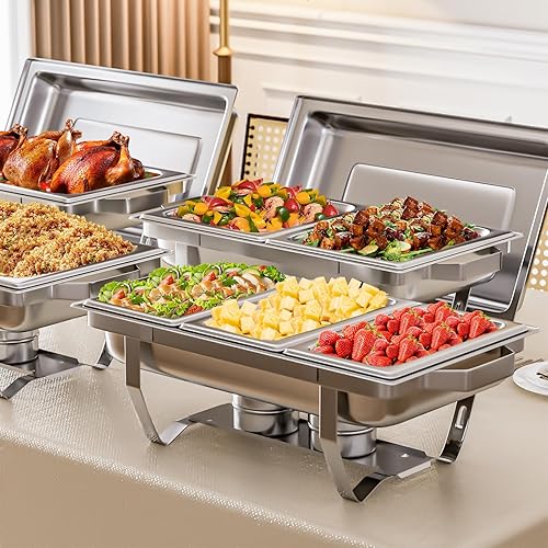 Miniatura 24 de Juego de 4 platos de bufé de roce de acero inoxidable de 8 cuartos de galón rectangulares y calentadores de buffet para catering, con bandeja