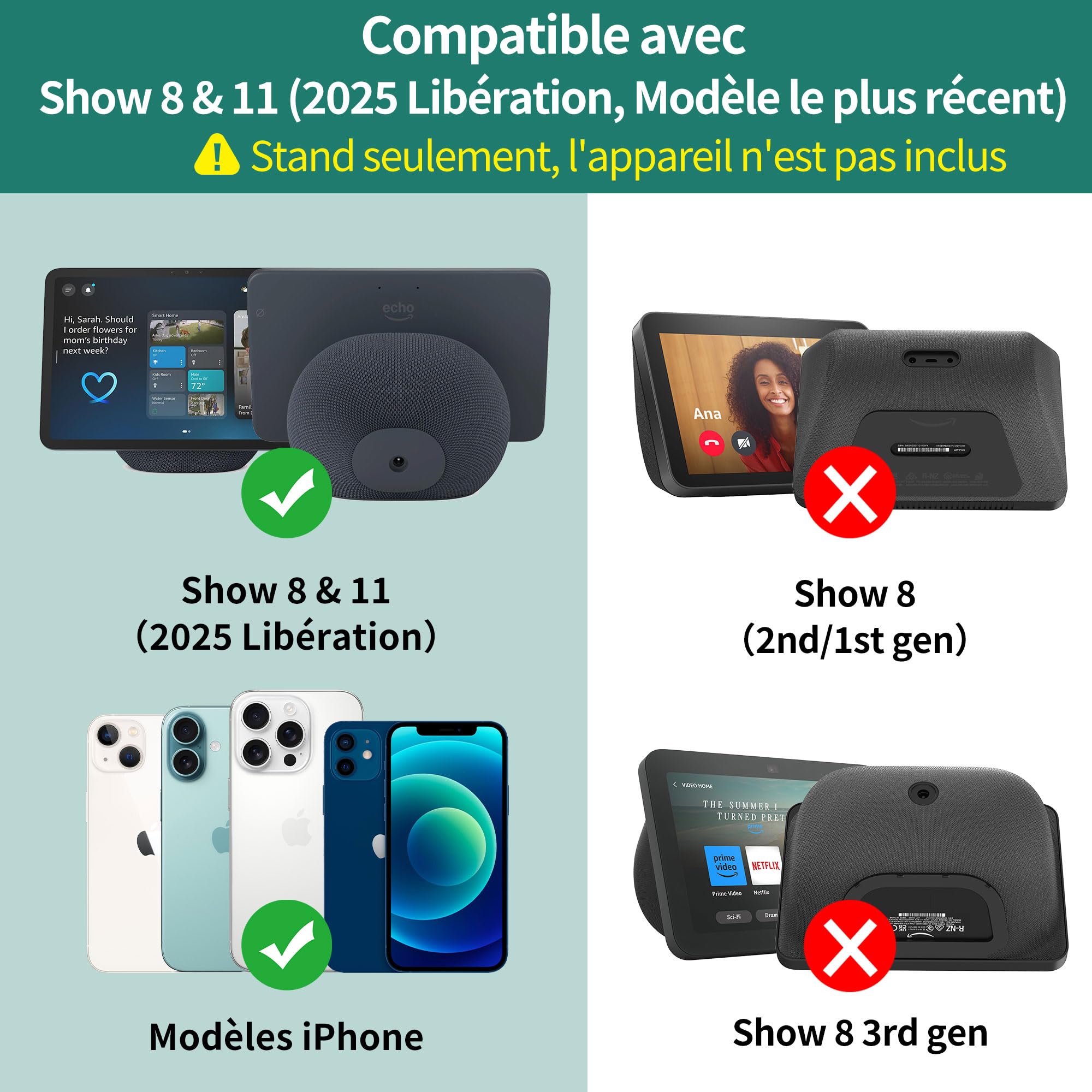 HomeMount Support Réglable pour Show 11/8 (2025) & iPhone 12 – Noir | Support de bureau inclinable ±18°, base magnétique, installation facile, idéal pour maison et bureau, design compact