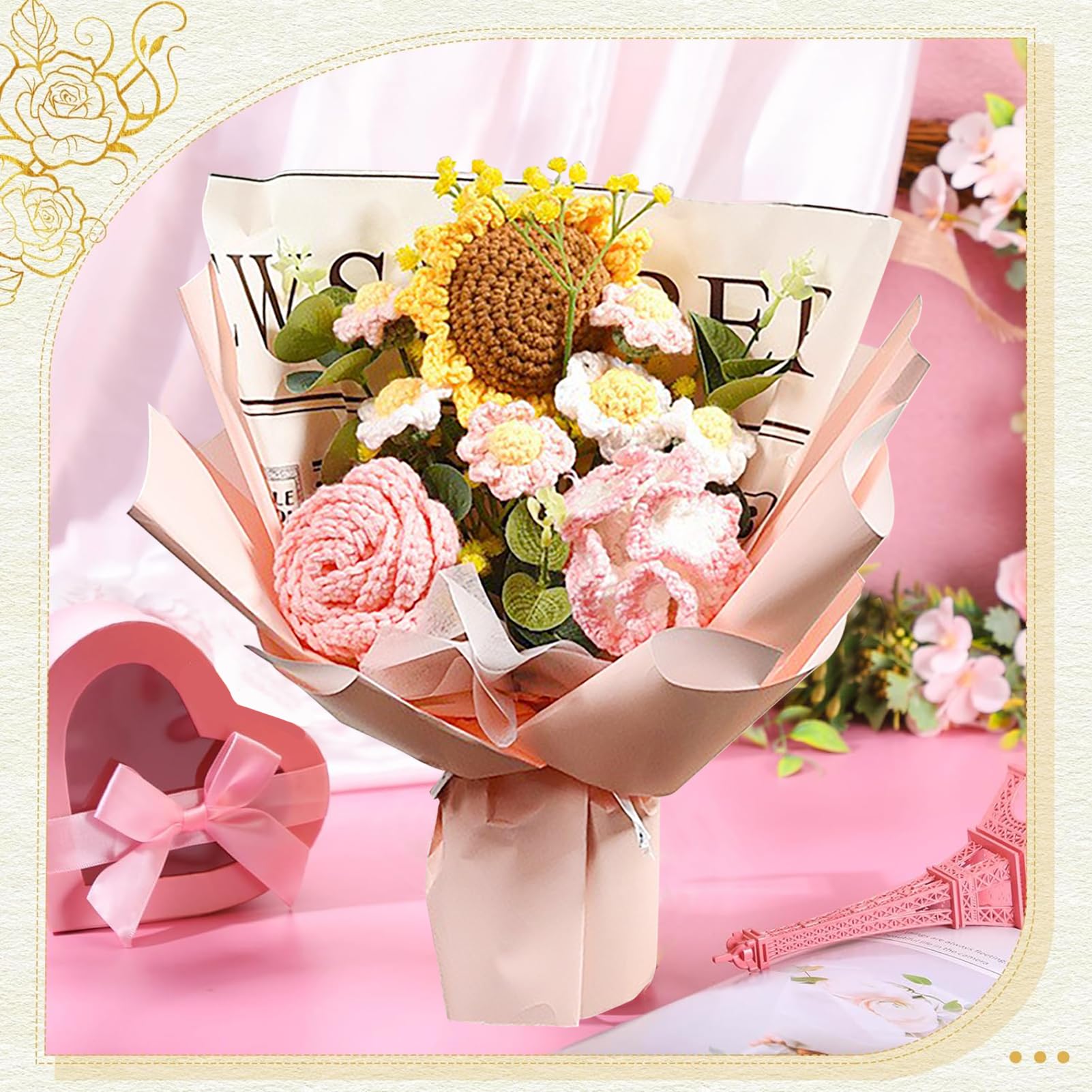 Bouquet de Fleurs au Crochet Fait Main, Tournesol Artificiel, Roses, Marguerites, Kit Cadeau Fête des Mères
