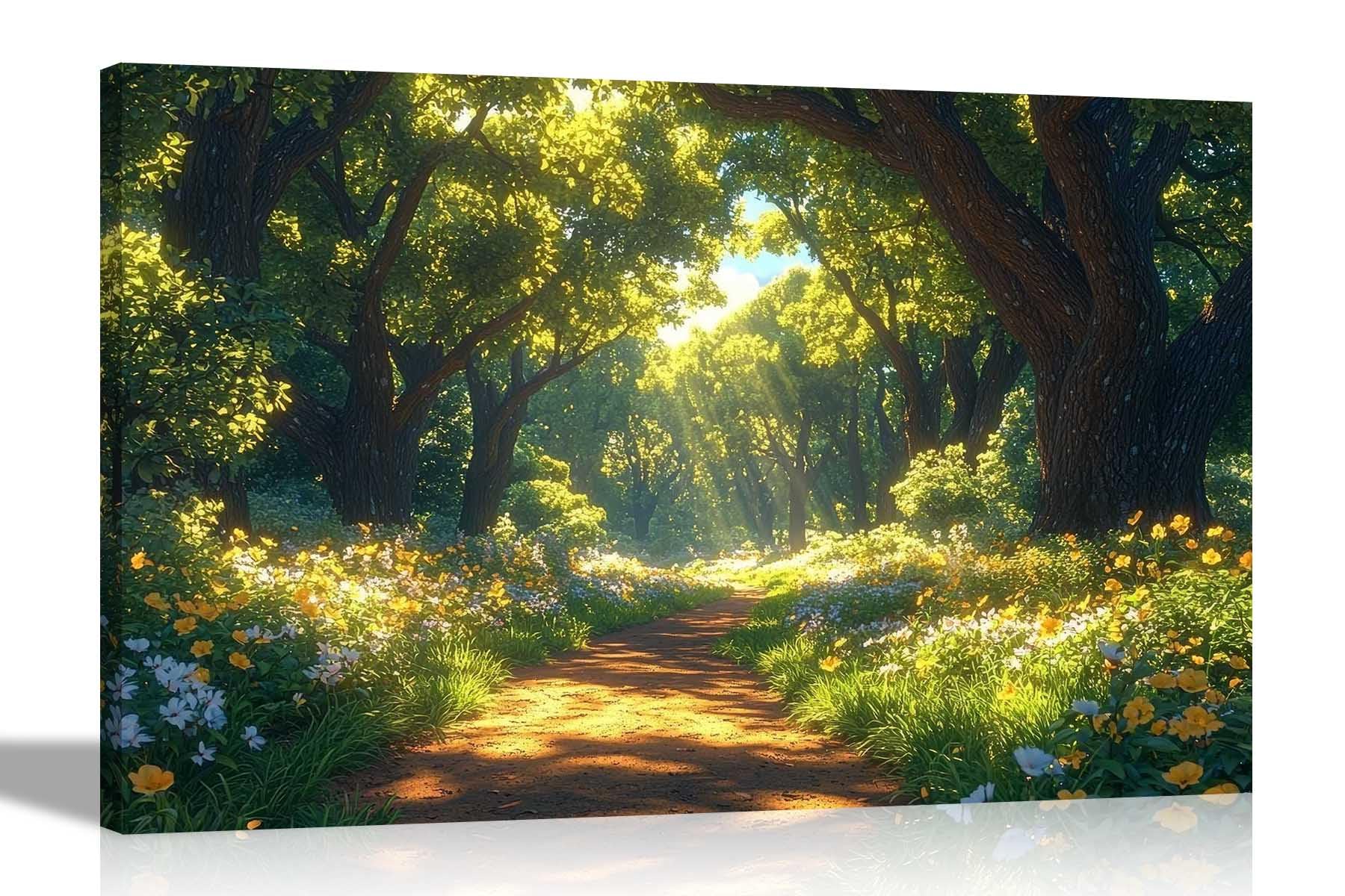 Artley Prints Footpath Summer Forest - Summer Forest Blooming Flowers Framed Canvas Pictures For Living Room Bedroom Landscape Wall Art Prints Home 60 X 40Cm (24 X 16 Inches) A2